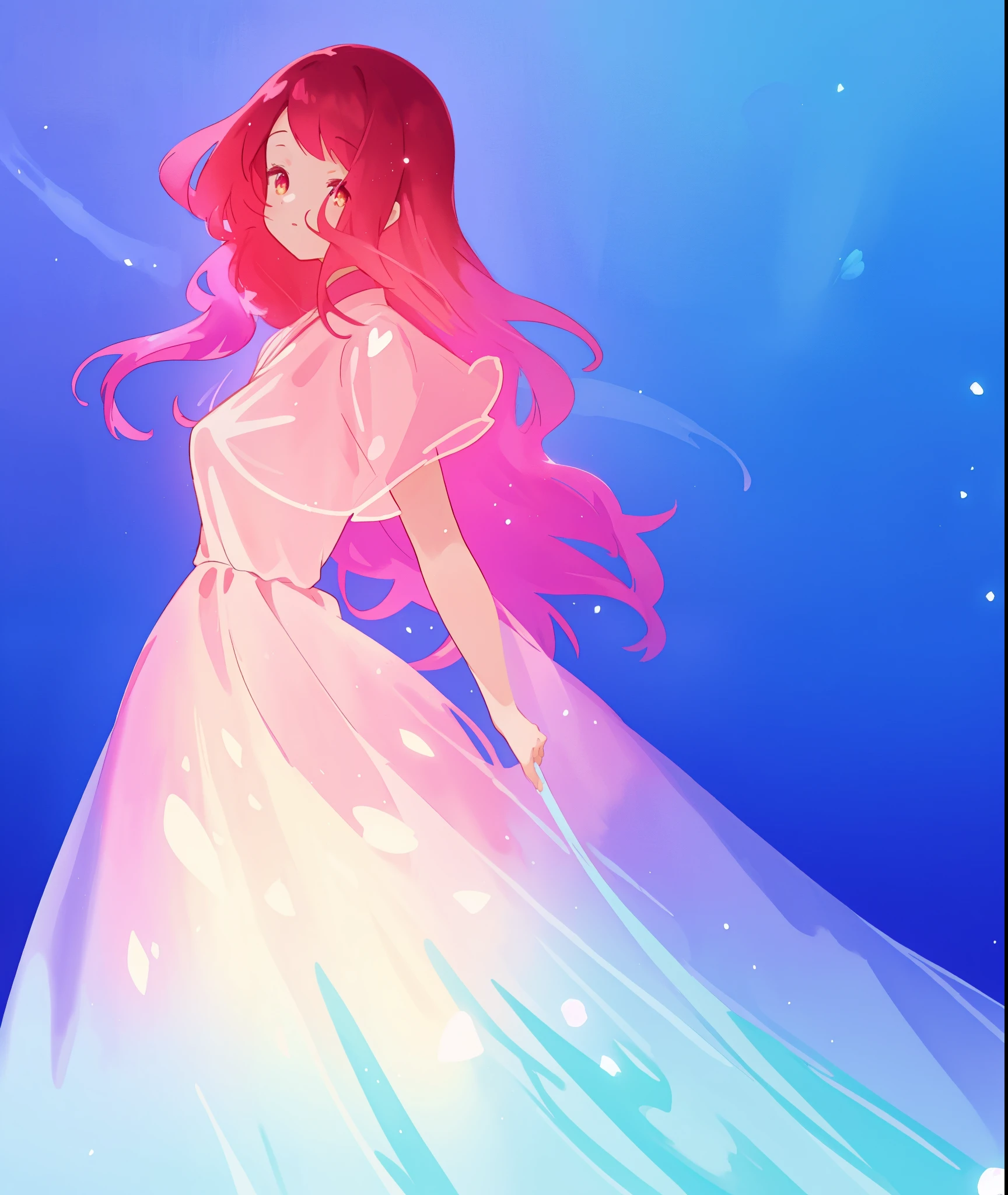 beautiful girl in sparkling flowing gradient layered liquid dress, long flowing dark pink hair, colorful fantasia background, watercolor illustration, disney art style, glowing aura around her, glowing lights, beautiful digital illustration, fantasia otherworldly landscape plants flowers, beautiful, masterpiece, best quality, anime disney style