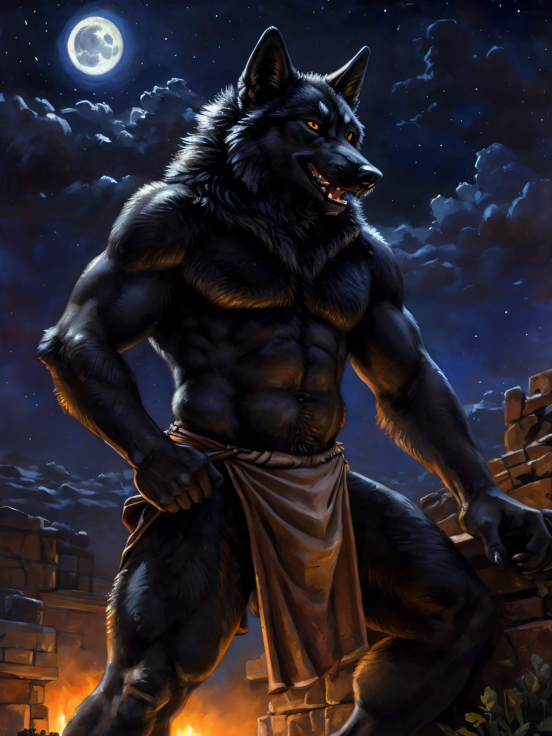 symmetrical eyes, dark retinas, ((solo)), male, anthro (black wolf), (mean expression), wolf tail, (sheath, (balls)), ((black fur, thick fur)), (muscular, beefy), by blotch, by kenket, (epic, masterpiece, high quality, 8k, correct anatomy:1.2), ((threatening pose)), ((mature male)), sexy, ((Nighttime, detailed background)), loincloth,