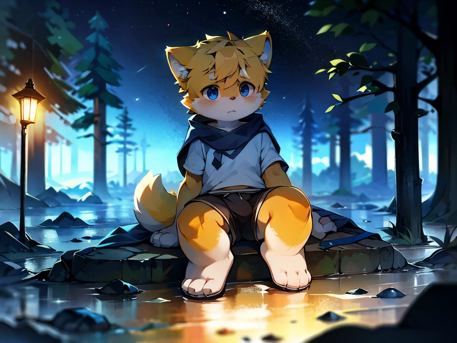 a picture，alone，male，juvenile，Orange Shiba Inu，Brown cape，White short sleeves，adventurer，Brown shorts，black foggy wasteland，sit on the floor，melancholy，Looking at the stars