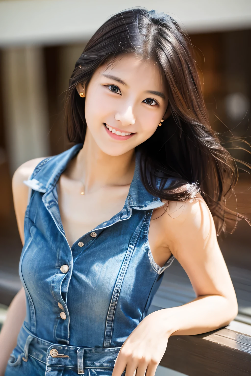 masterpiece, highest quality, Photoreal, Super detailed, finely, High resolution, 8k wallpaper, Professional, Advanced level of detail, Female college student enjoying cycling, Slender Japan woman, ((facing the front)), detailed clavicle, Medium chest、perfect face, medium long hair, style like a model、denim mini skirt、gentle smile