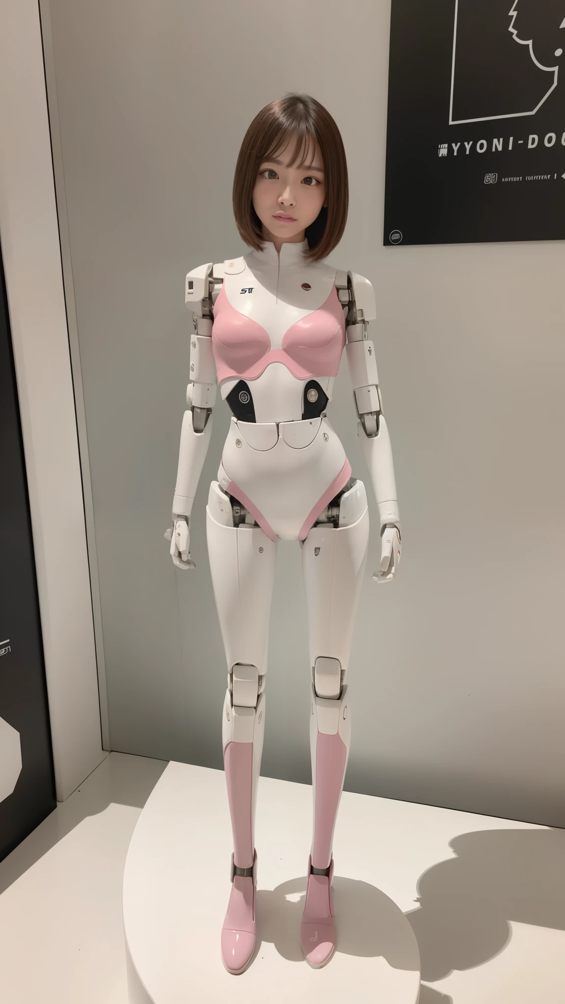 cyborg, pink there, Silver, Metallic body, Robot Parts, Metal Parts, Super Detailed Face, Super well-formed face, of the highest quality, a small face, a small head, full body, Brown hair, Slender body, Camera gaze, Internal Mechanical Exposure, Idol, Well-proportioned body, gravure, Photo session, Akihabara, Moe Pose, Standing with legs open, Model body type, sad, Embarrassing,(Perfect Robot Girl),(Perfect machine body)