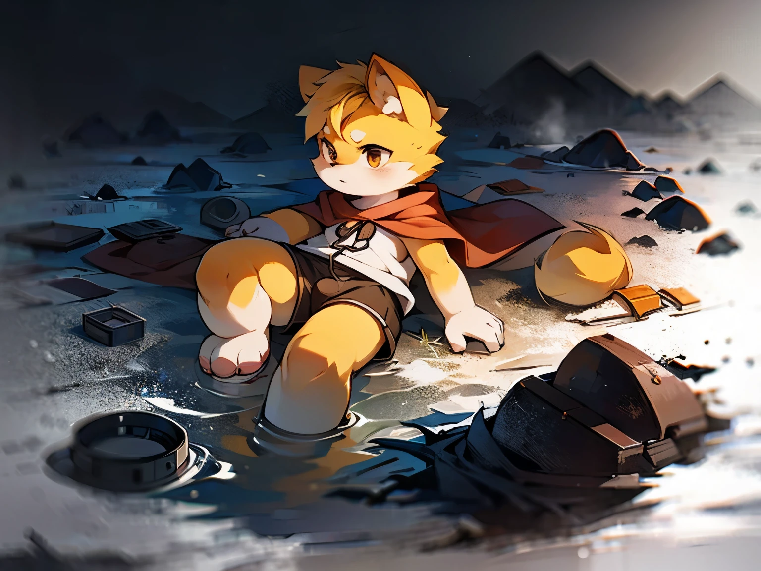 a picture,alone,male,juvenile,Orange Shiba Inu,Brown cape,White short sleeves,adventurer,Brown shorts,Repressive background,black foggy wasteland,Surrounded by black fog,lie on the ground,anger,Sliding shovel