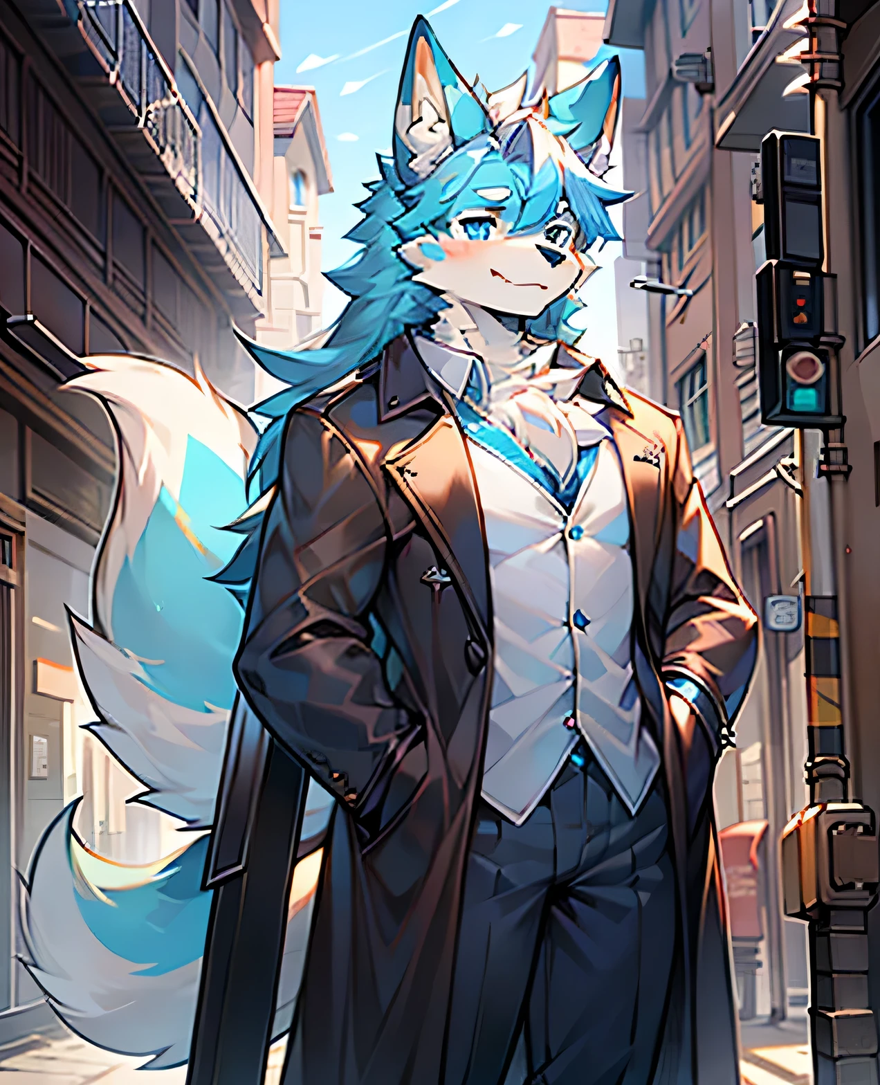 only，hairy male，hairy chest，Coyotes，canine，blue and white fur，long white hair，The ends of the hair are purple，bright blue eyes，charming，Handsome，big tail，Blue highlights，white trench coat，technological background，stand，High，Handsome，Ha ha，Beautifully，masterpiece，perfect，Walk down the street alone，strong and tall，Handsome，perfect脸部