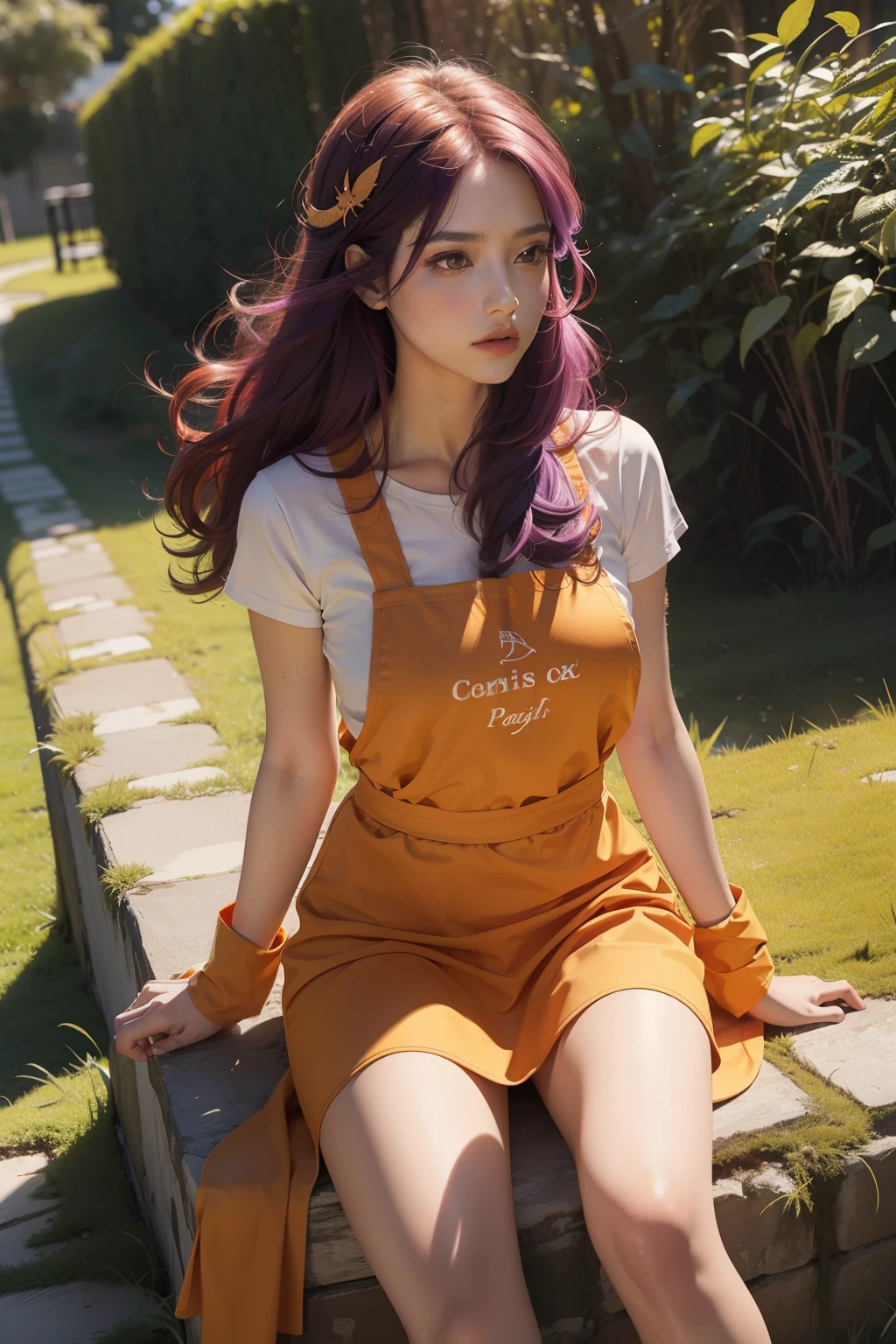 arte conceitual, aerial angle of a will-o&#39;-the-wisp, wearing deep orange emerald somali funny apron, Cabelo caramelo estilizado como cabelo curto, Fluorescent Purple Hair Tie, equirretangular 360, high resolution,  [(arte de Willi Baumeister:1.1), (arte de John T. Maiores:1.2)::17], arte oficial, papel de parede da unidade 8k, ultra detalhado, aesthetics, obra de arte, Melhor qualidade, Fotorrealista, nua, nem roupa, despida