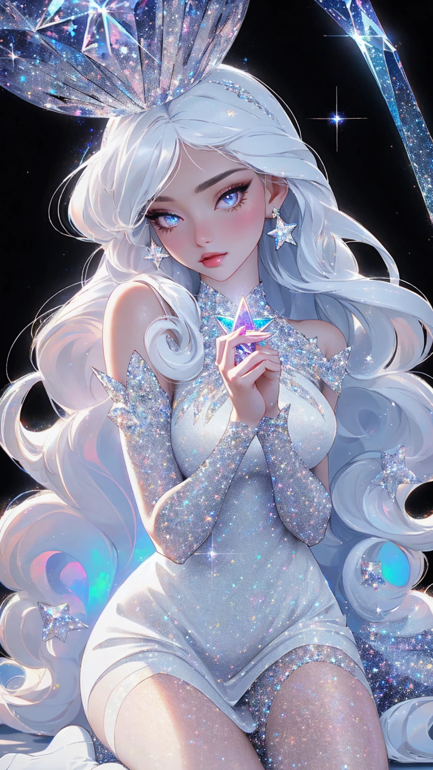 {-erro_de_anatomia:1.0} masterpiece, highest quality, (perfect face:1.1, (high detail)1.1, sweet stardust vampire , long soft white hair, opal eyes, perfectly drawn face, black dress, stars detailed background, prismatic lighting, glitter, whole bod., Very sexy, kneeling holding a crystal star in her hands