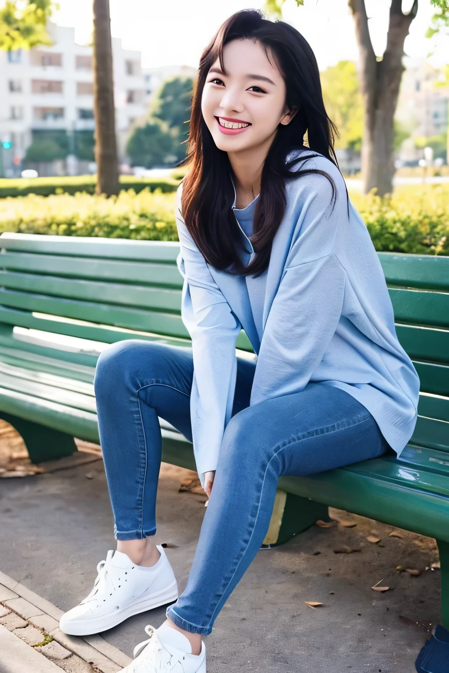 ((highest quality)), A neat and beautiful woman sitting on a park bench、long sleeve blouse、skinny denim、sneakers、black hair、smile、smile showing teeth、full body photo