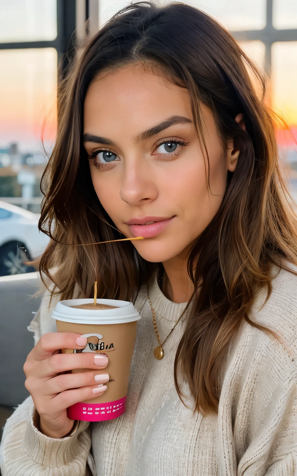 beautiful blonde in beige sweater (drinking coffee inside a modern cafe at sunset), Muy detallado, 21 years, cara inocente, cabello ondulado natural, blue eyes, high resolution, obra maestra, Mejor calidad, Detalles intrincados, muy detallado, sharp focus, piel detallada, realista skin textura, textura, ojos detallados, profesional, 4k, sonrisa encantandora, disparado en Canon, 85mm, poca profundidad de campo, Kodak Color Vision, Cuerpo en forma perfecta, Extremadamente detallado, Foto_\(ultra\), photorealista, realista, Postprocesamiento, maximum detail, aspereza, vida real, ultra realista, photorealism, Photography, 8k hd, Photography