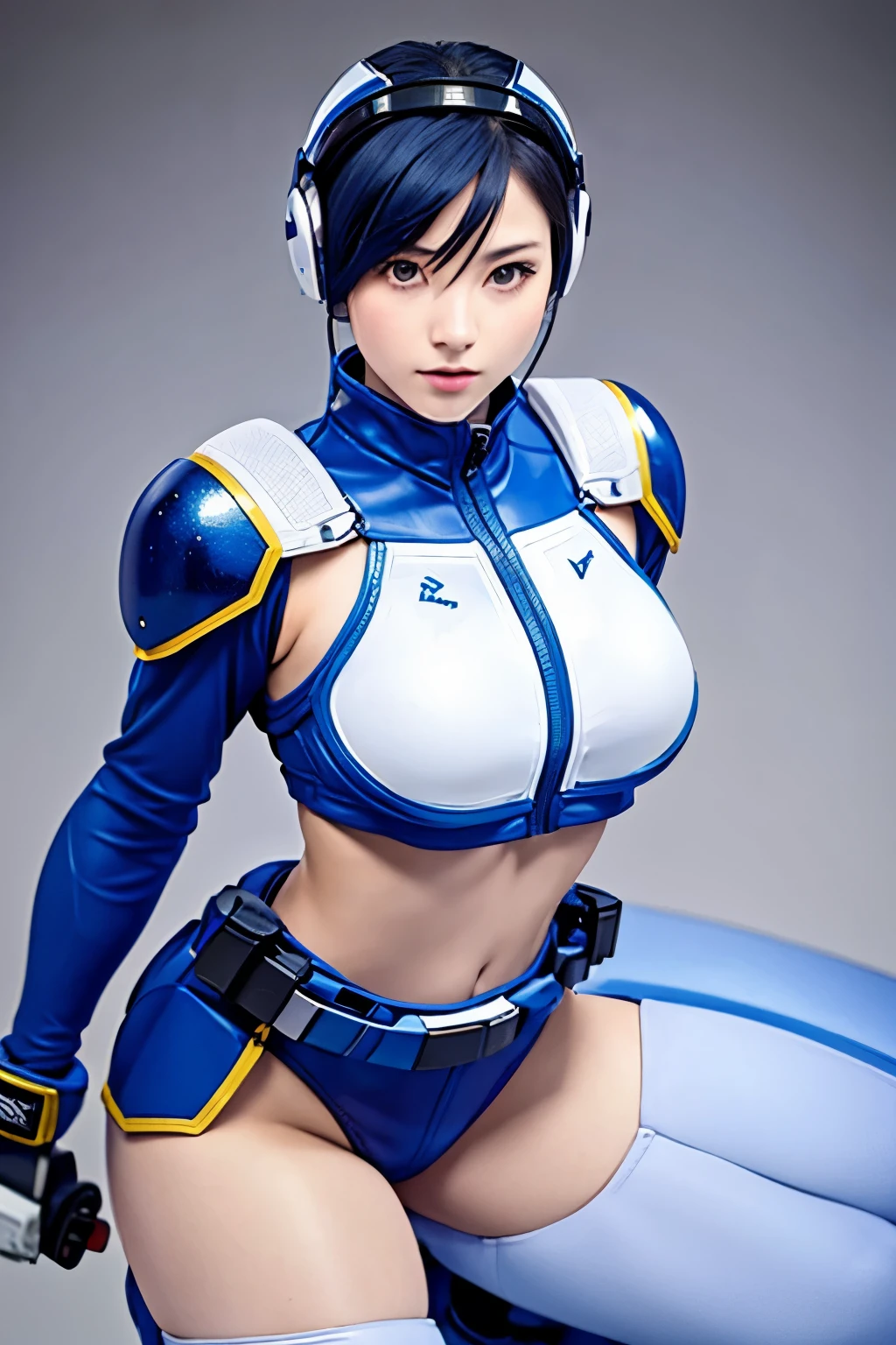 (masterpiece, highest quality, highest resolution, distinct_image, detailed details): (Solo, lone girl, Japan face, blue haired girl, short cut, full body figure, small size breasts, sparkling blue colored eyes, pilot suit in metallic white and blue color, tight fit clothes, clothes covering the whole body, beauty, slim body, exoskeleton, sexy pose, heroine, Full face helmet, knee boots)