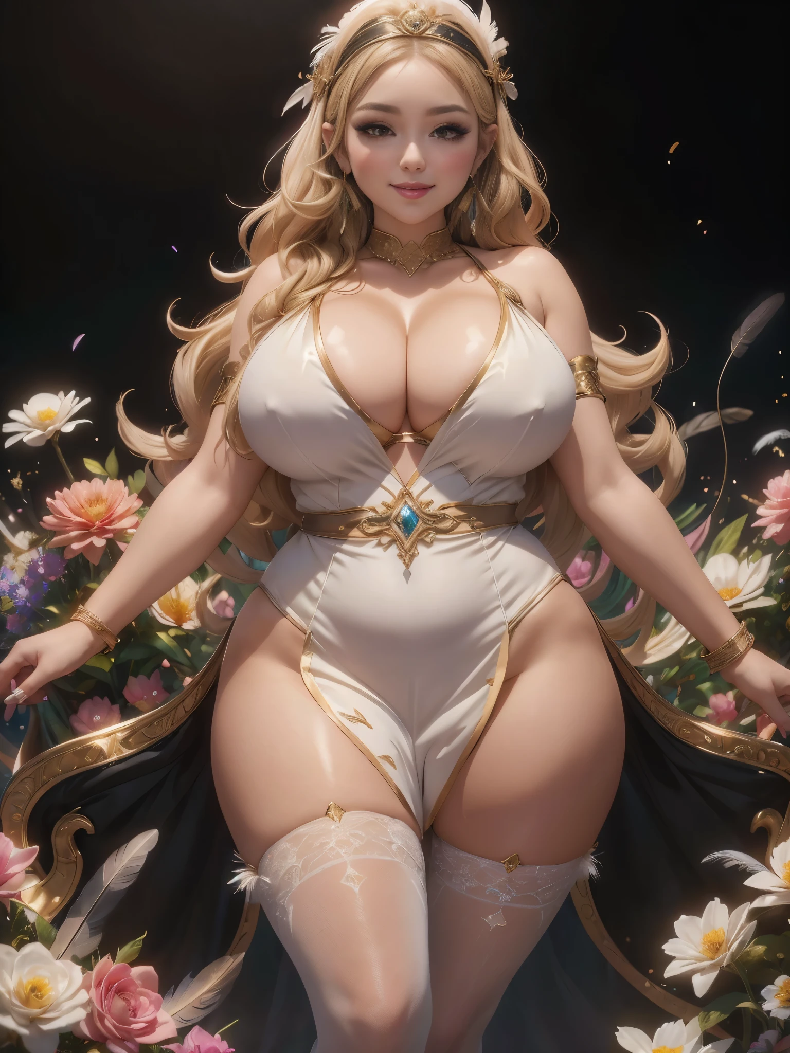 The best masterpiece ever、beautiful美しさ, 3D 2 dimensions, rich, blonde, skirt, stockings, high heels, star、(Highly detailed CG Unity 8K wallpaper), (eyeliner、eye shadow、false eyelashes:1.1), (超High resolution,realistic,realistic),(8K,Raw photo),mature woman、sensual curves、huge breasts、thighs、bubble、masterpiece of ass, full body shot, beautiful女性, enchanting smile, thick lips, plump lips, blush, looking at the viewer, provocative expression, beautiful髪型, cleavage, Plump、curvy hips、attractive face、sexy dress、an inviting gaze、(((erotic dress)))、gorgeous accessories 、big breastsの女性, golden hair, colored feather, metal ornaments, colored flowers, particle, light, (1 girl:1.3),(fractal art:1.1),(colorful:1.1)、(flowers:1.3),most detailed,(tangled:1.2), (dynamic pose), (abstract background:1.3), (shiny skin), (lots of colors :1.4), ,(earrings:1.4), (feather:1.4),30~40 years, full body shot, beautiful 、different hairstyles,gold headband,plump breasts,greek clothing,Tulle covers the chest,perfect balance, costume details,cinematic lighting, film grain, high detail, openwork decoration,(((colorfulな最高級ドレス)))、(((解剖学的に正しいbody))) ,big breasts,cowboy shot, blush, (((1 girl))), perfect face, (((highest quality))), (Super detailed), detailed face and eye, (alone), High resolution、beautifuleye,(((sexy pose)))、(((整ったbig breasts)))、((beautiful eye))、luxury、(((超High resolution)))、(((detailed description)))、(((ぽっちゃりbody型)))、(((解剖学的構造に一致したbodyの部位)))、beautiful長いまつ毛、バランスのとれたbody型,The legs and arms are just the right size、Fishnet tights、garter belt、glamorous、(((Clear white and black eye)))、lipstick、Sparkling、(Undistorted face, eye, body)、jewelry、gem、(長くカールしたbeautifulまつ毛)、(((バランス良いbeautiful胸)))、(transparent, Exquisite skin:1.2)、(((完璧なglamorousボディー)))、actress face、Super beautiful、cute smile、Healing beauty、flower shower、(((完璧なeye)))、super sexy、shiny、glamorous、double eyelid、Excellent dark correction、(((ぼやけていないeye)))、(((Plump face)))、cute face 、(((shiny輝く肌))) 、(((gorgeous long dress)))