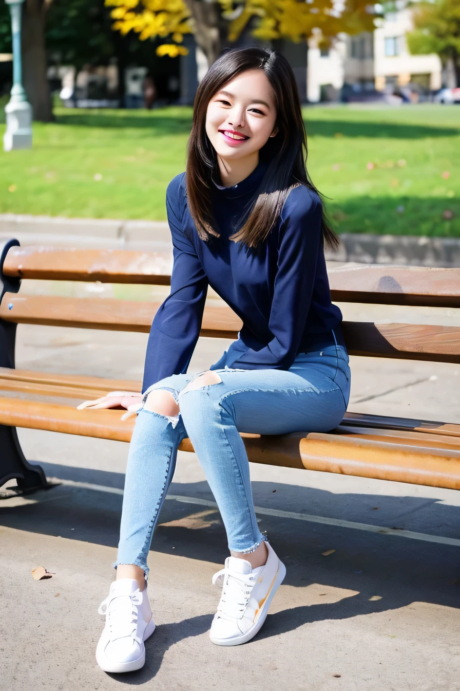 ((highest quality)), A neat and beautiful woman sitting on a park bench、long sleeve blouse、skinny denim、sneakers、black hair、smile、smile showing teeth、full body photo
