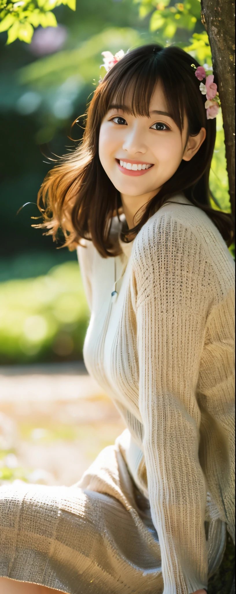 (realistic, photo-realistic:1.4), (extremely detailed 8k wallpaper), bokeh, detailed beautiful eyes and skin, (Image from thighs to head:1.3), (Japanese idol:1.3), 25yo, beautiful woman, smile, large breast, cute coordinate, long sleeve blouse, long skirt, Joyful, Natural sunlight filtering through trees,
