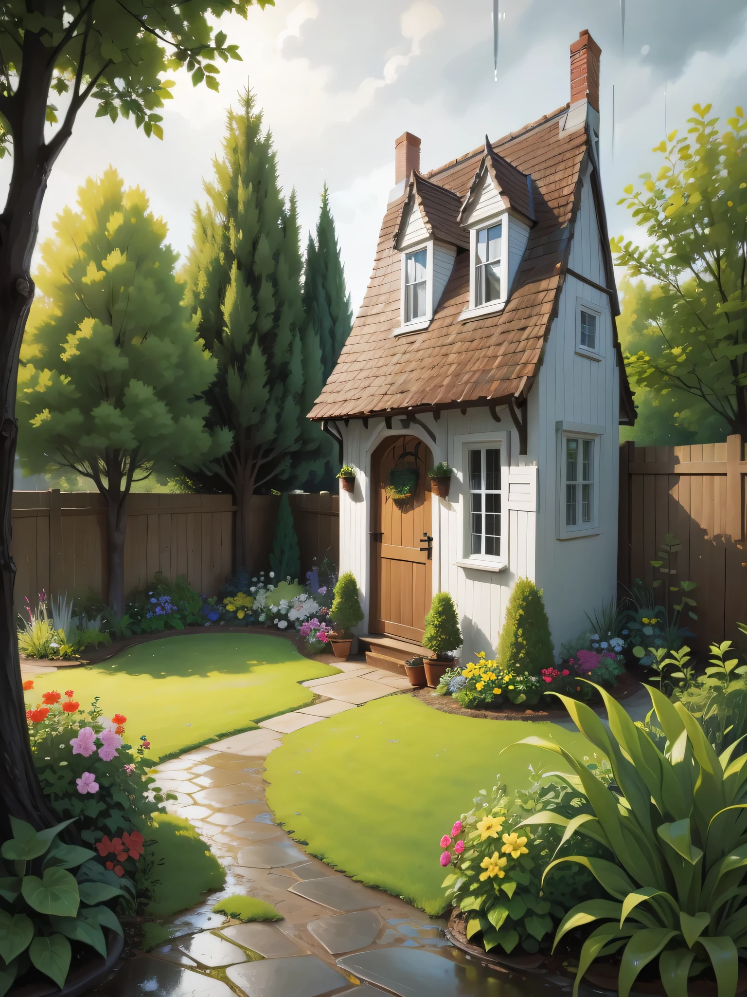 Country house on a rainy day，There is a garden