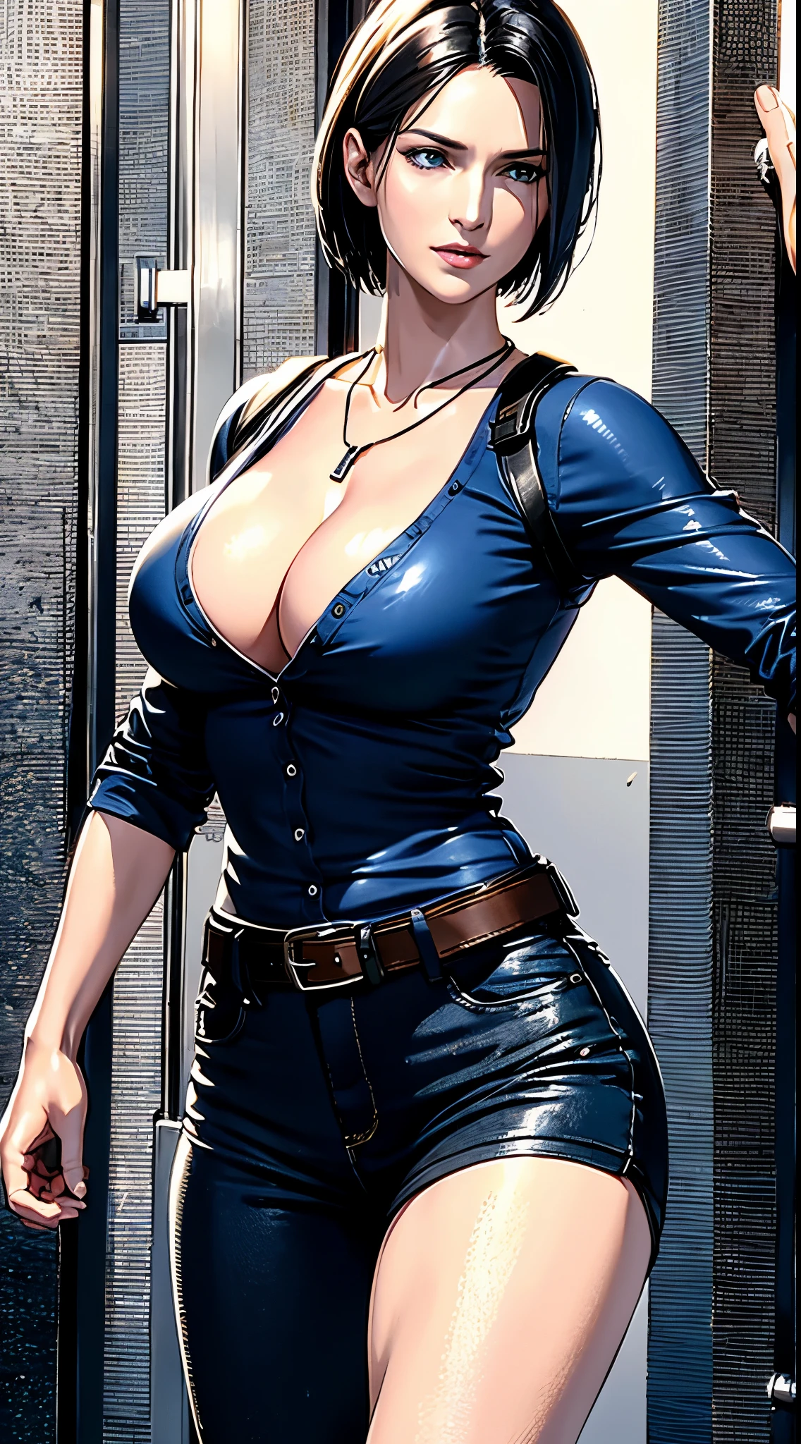 photorealistic, high resolution, 1women, mature female, solo, hips up, black hair, short hair, longsleeve blue shirt, belt, pants, police, cleavage, (downblouse), necklace,Jill Valentine - Resident Evil Series