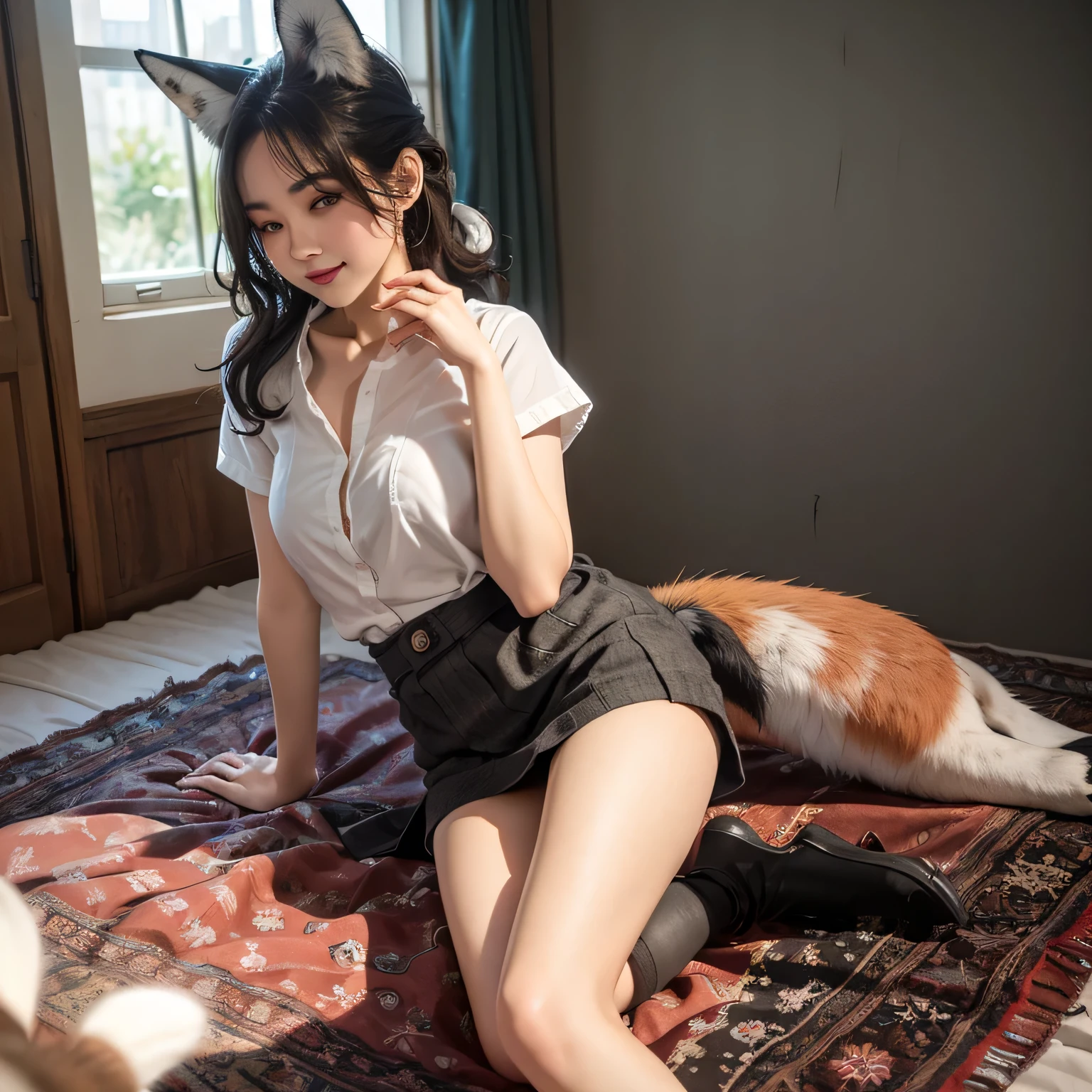 Girl with a furry tail , Fox お尻からtail, tail, collared shirt,table top, 最high quality, shape, Ultra-detailed, finedetail, High resolution, 8k wallpaper, 完璧なダイナミックな構shape, Beautiful detailed eyes,full body shot，Please show me your whole body、thin and transparent、long hair, ,smile,Harajuku、20 year old girl、eyeliner、beautiful bangs、hair between eyes、最high quality、ultra-detailliert、film light、intricate-detail、High resolution、ighly detailed))、detailed background、8KUHD、Digital single-lens reflex camera、soft light、high quality、film grain、Fujifilm XT3 、shallow depth of field、natural soft light、Kamimei、I looked at my knees.., sexy shot looking at camera、to the feet、full body shot facing the camera、look back、(The fox tail is pushing up the miniskirt:1.9)