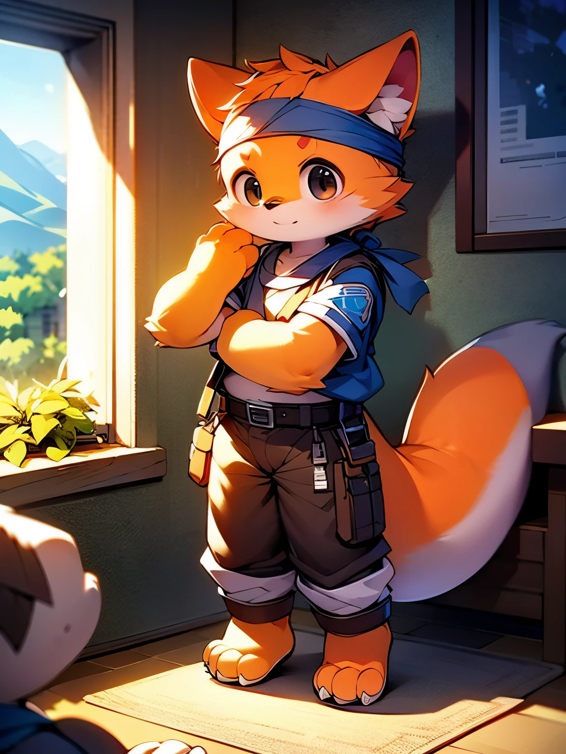 a picture,alone,strong,warrior,Red Dragon,police officer,male,red dragon,police uniform,brown work pants,headband,Bandages around the wrists,Metal shin guards,black eyes,black belt,(one piece)Plush tail,Plush paw,confident expression,Determined gaze,bright and lively eyes(A masterpiece)(high quality)(clear structure)(Extremely detailed background)(extremelydetailedcharacter),whole body,stand