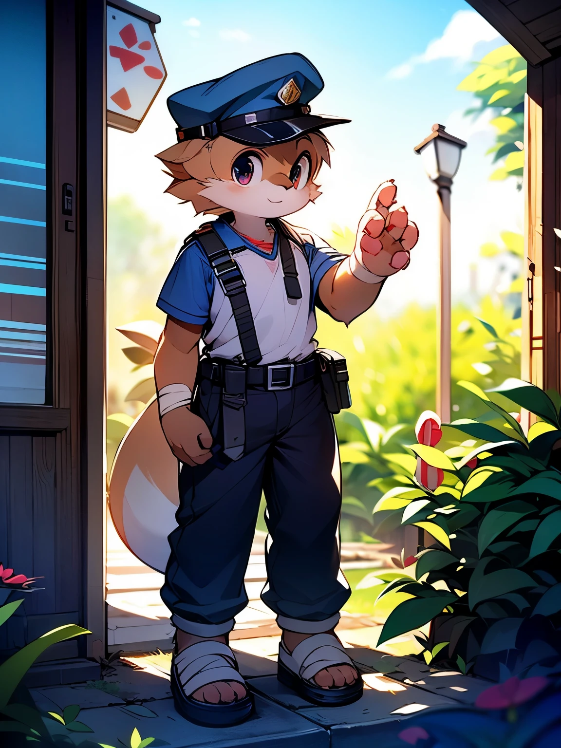 a picture，alone，strong，warrior，Red Dragon，police officer，male，red dragon，police uniform，brown work pants，headband，Bandages around the wrists，Metal shin guards，black eyes，black belt，（one piece）Plush tail，Plush paw，confident expression，Determined gaze，bright and lively eyes（A masterpiece）（high quality）（clear structure）（Extremely detailed background）（extremelydetailedcharacter），whole body，stand