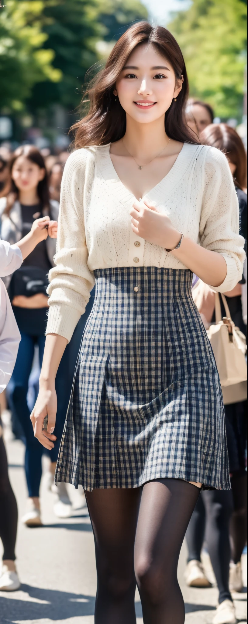 (8k, RAW photos, top quality, masterpiece: 1.2, ultra detailed, super resolution, real photos: 1.37), (Full body photo), 1 noble elegant Japanese lady, (standing contrapposte), spring season, ((one piece coodinate, plaid pattern long skirt, black tights, wearing loafer)), Shiny, Smile, Looks like 1.8 meters tall, large pelvis, Large breasts, big cuvy hips, Thin waist, Long legs, skin hyper-detail, 20 years old, Perfect face, (Detailed facial features), Wavy long hair, Daylight, spring season, center of street, crowd of people,
