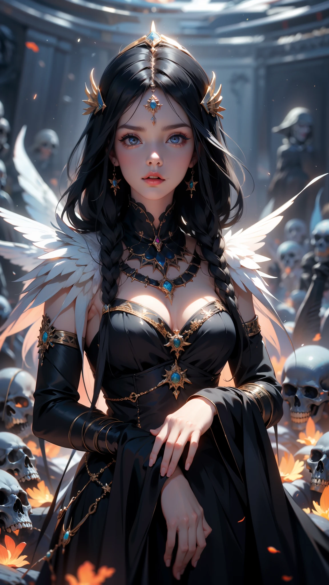 {-erro_de_anatomy:1.0}  30 year old woman, submarino, Esqueleto, corpse,bajo el mar, donde abundan los zarcillos de coral y las enredaderas, una mujer (sirena), Long black hair looks at you in the middle of a pile of bones and skulls..mirada indiferente , despiadado. Tumbado entre las calaveras. backward, Con el rostro apoyado en su propio hombro, mirando backward.