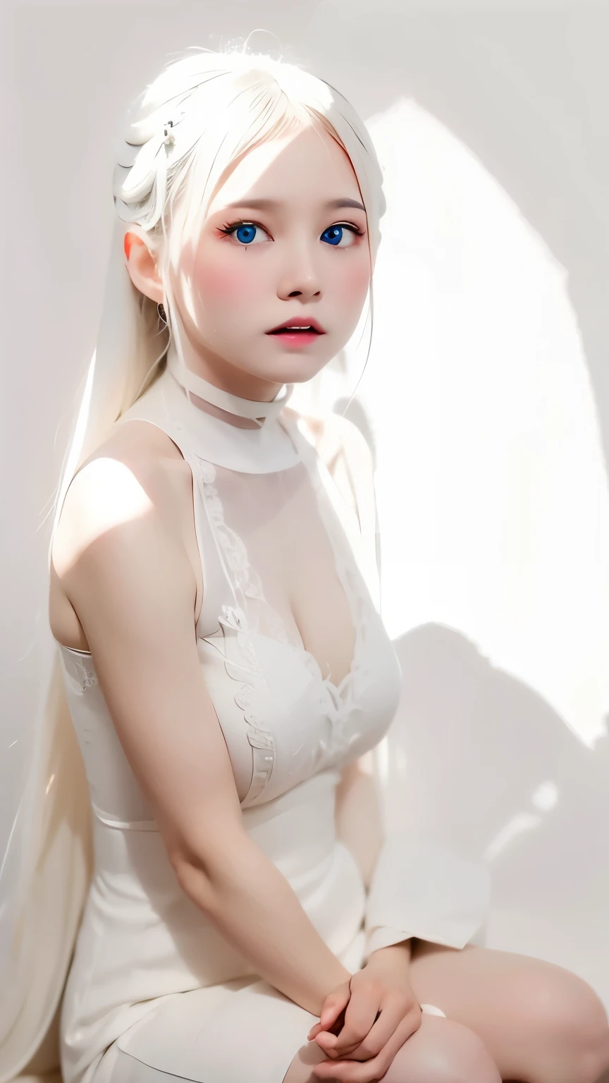 one girl、anatomy、Angle above the knee、albino:1.3、unparalleled beauty、 only、Silky white hair、clear blue eyes、plump lips、black long dress、black choker、sapphire pendant、Are standing、beautiful skin、dense skin、small breasts、It's small、(((white background、White world、beautiful shadows:1.5)))、silence、Raw photo、highest quality、ultra High resolution、High resolution、masterpiece:1.3、8k、professional photographer、