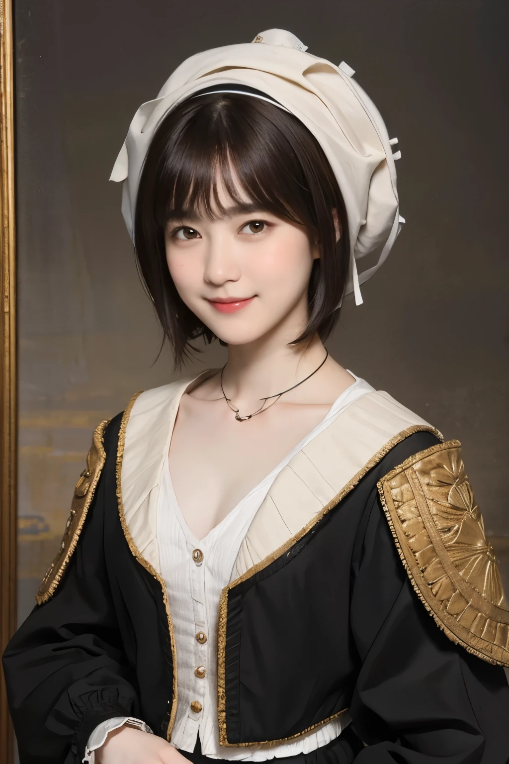 185 short hair, 20 year old female, gentle smile, (rembrandt style painting), (chest:1.46), long skirt