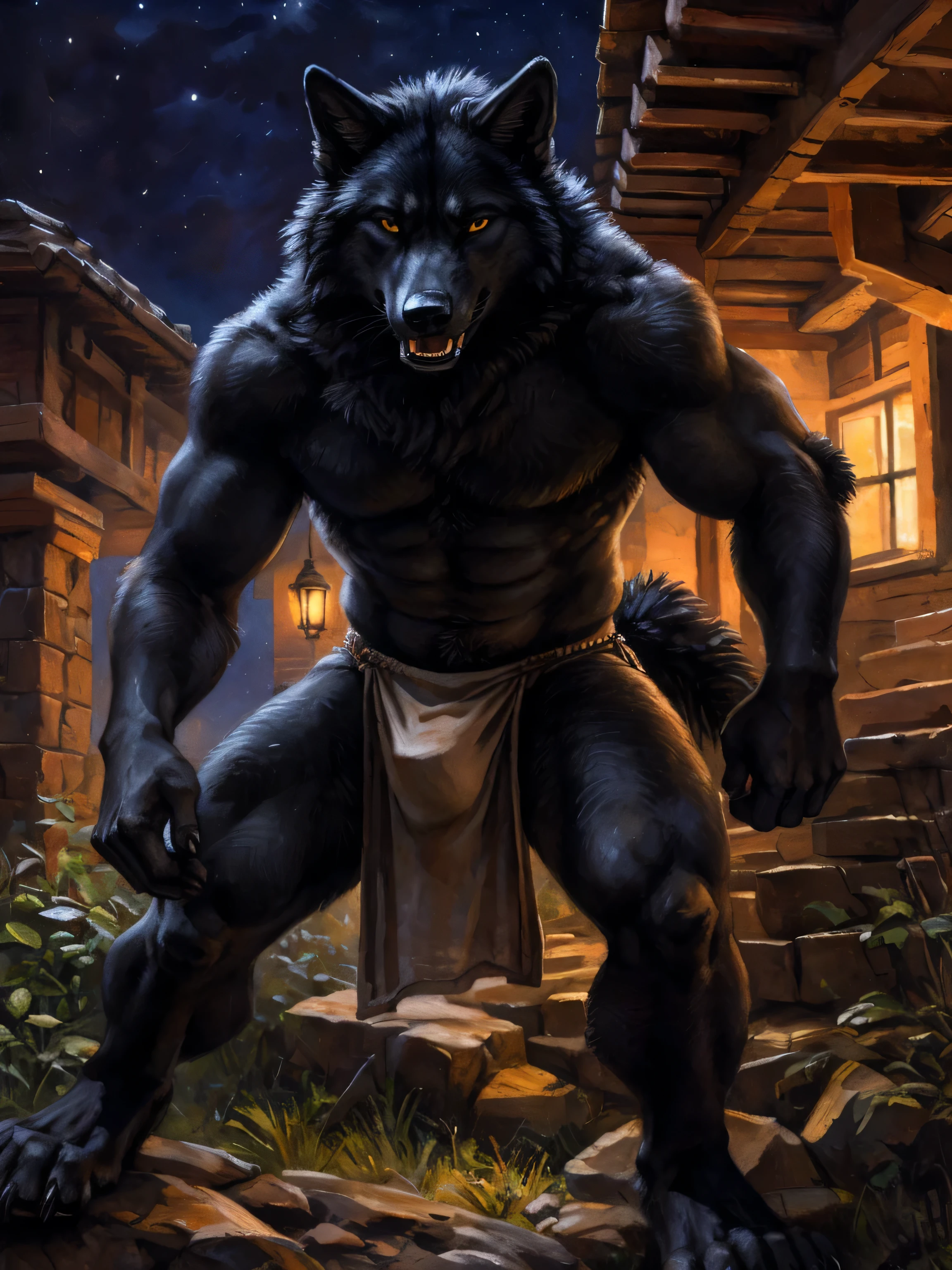 symmetrical eyes, dark retinas, ((solo)), male, anthro (black wolf), (mean expression), wolf tail, (sheath, (balls)), ((black fur, thick fur)), (muscular, beefy), by blotch, by kenket, (epic, masterpiece, high quality, 8k, correct anatomy:1.2), ((threatening pose)), ((mature male)), sexy, ((Nighttime, detailed background)), loincloth,