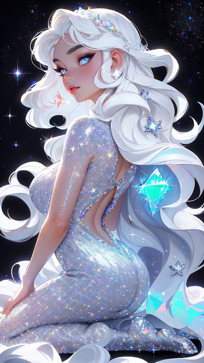 {-erro_de_anatomia:1.0} masterpiece, highest quality, (perfect face:1.1, (high detail)1.1, sweet stardust vampire , long soft white hair, opal eyes, perfectly drawn face, black dress, stars detailed background, prismatic lighting, glitter, whole bod., Very sexy, kneeling holding a crystal star in her hands, backwards, looking back