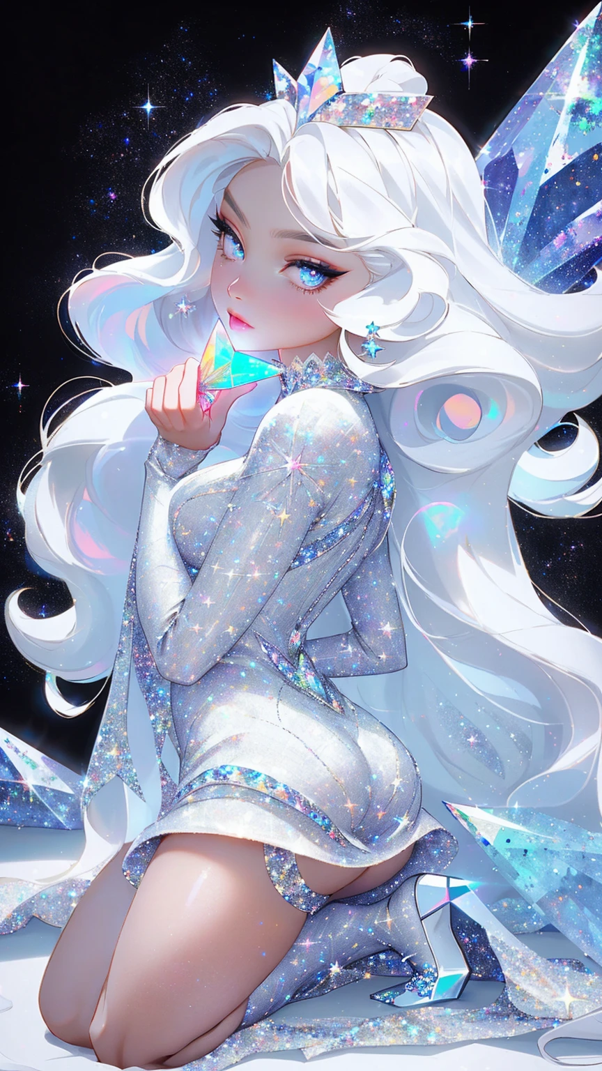 {-erro_de_anatomia:1.0} masterpiece, highest quality, (perfect face:1.1, (high detail)1.1, sweet stardust vampire , long soft white hair, opal eyes, perfectly drawn face, black dress, stars detailed background, prismatic lighting, glitter, whole bod., Very sexy, kneeling holding a crystal star in her hands, backwards, looking back