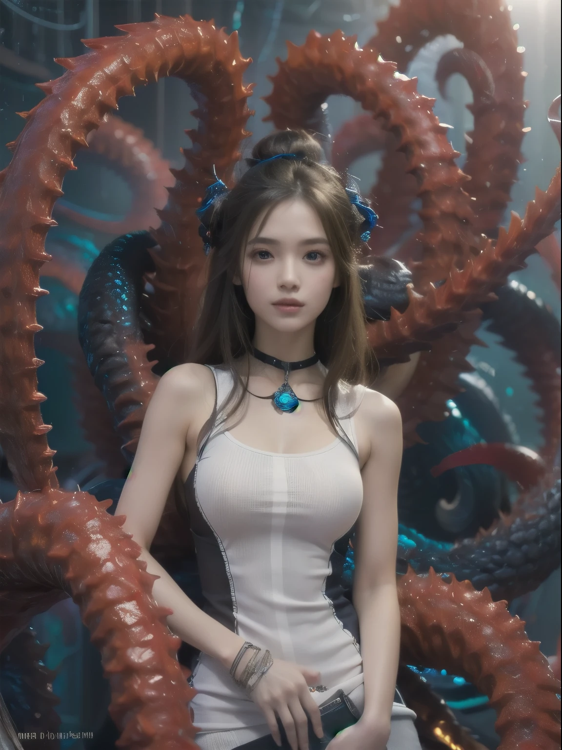 女alien, pretty face, lure, red eyes, full body portrait, a sexy, alien, no humans, an alien, cells are fused, Multiple hands, Many blue tentacle skins:1.5), alien, cell, creature image, charming, 最好的quality, 8K,,4K_quality, High_definition,dramatic lighting, on the table:1.5,cinematic quality, details, intricate details:1.2, 超A High resolution, High definition, loyally, (thick eyebrows:1.2), (big scarlet eyes:1.6), beautiful eyes,exquisite symmetry, (Super detailed eyes:1.2),(The face and eyes are very detailed:1.2), (High resolution red eye:1.4), intimate face, (Super fine skin texture:1.4), perfect anatomy, (Beautiful and fit body:1.5), (hydrated skin:1.2), No makeup, (dark circles:1.1),