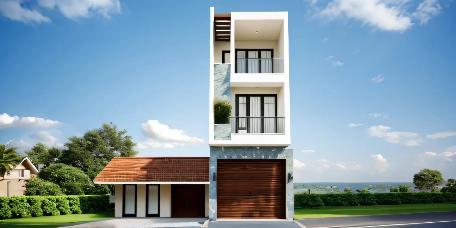 Exterior of house, (canopy in house roof:1.2), Mable decorations, (a road in front of house:1.3), tree, sky, cloud, morning weather.