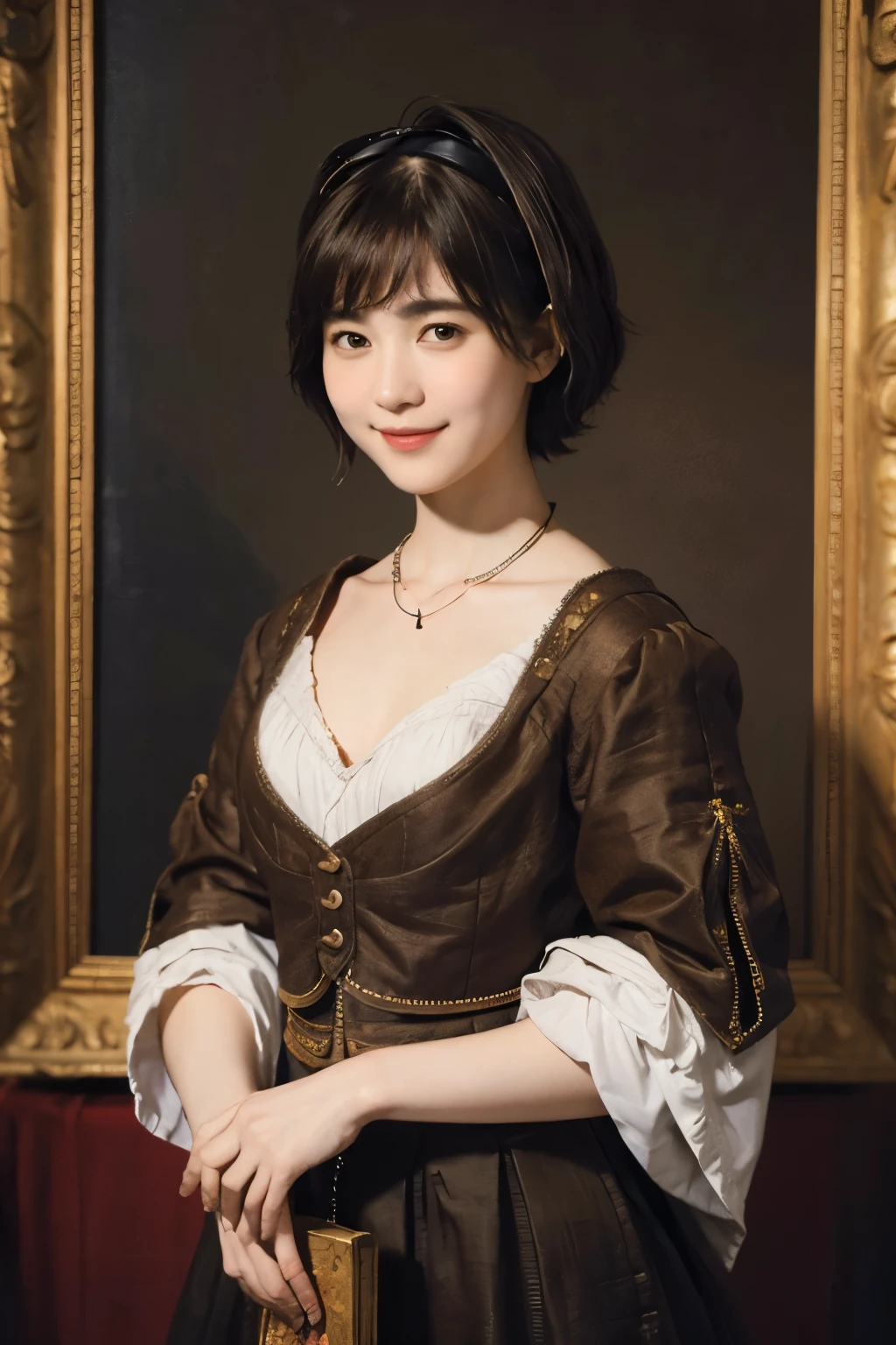 185 short hair, 20 year old female, gentle smile, (rembrandt style painting), (chest:1.46), long skirt
