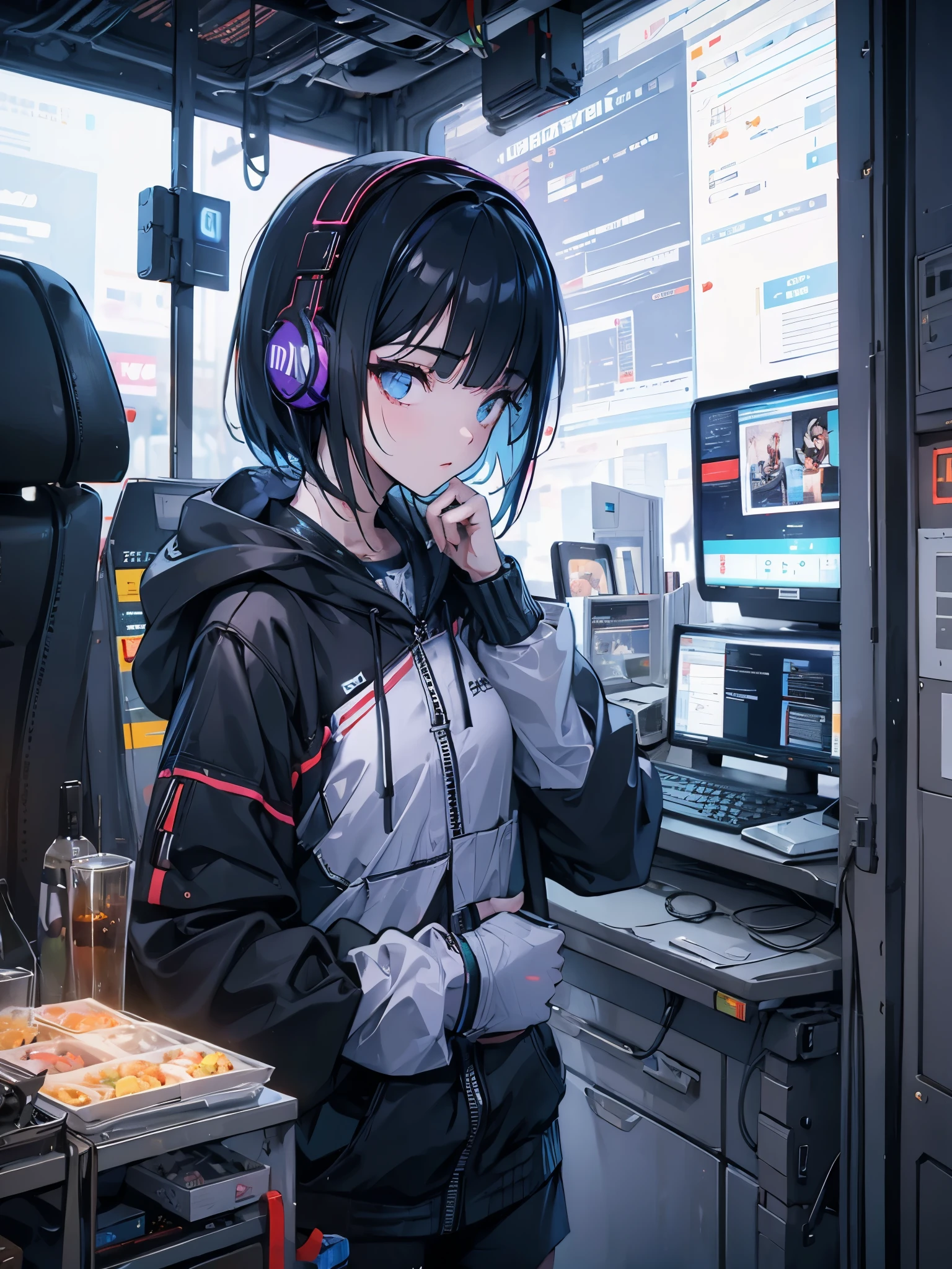 a woman with headphones next to a robot, arte cyberpunk de Jason A. English, sociedade cg, retrofuturismo, Ilya Kuvshinov, sci-fi, futurista, vibrante, photorealista, realista, dramatic, cinematic lighting, sharp focus, 8k