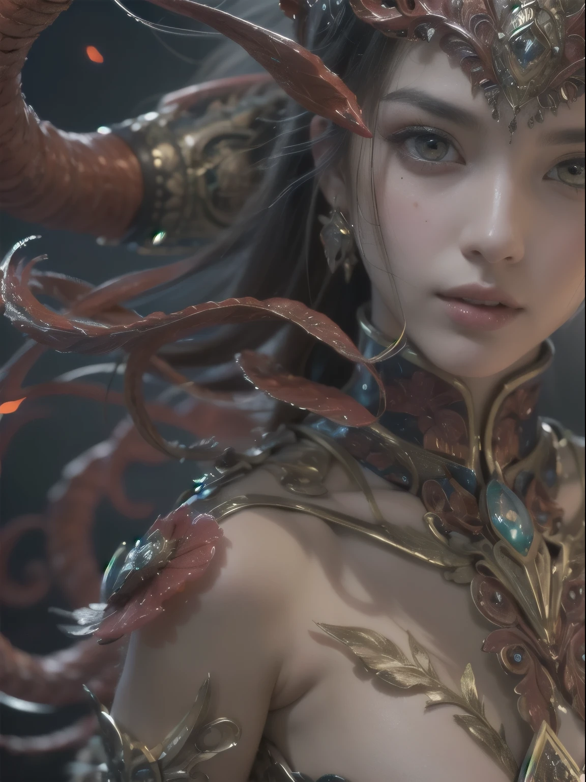 Portrait, (beautiful female alien:1.2), (There is a female genital-like organ in the middle of the forehead:1.8), (The most beautiful face in the history of the universe:1.2), (scarlet eyes:1.6), (Translucent skin:1.8), an evil gaze that seduces , (red eyes:1.5), Full body like, (sexypose:1.5), alien, No humans, cells are fused, (Lots of translucent tentacles:1.1) (Translucent skin:1.3), extraterrestrial, cell, bio image, 魅惑的, Best Quality, 8K,4K_quality, high definition, Dramatic Lighting, masutepiece:1.5,cinematic quality, detail up, (Intricate details:1.2), high resolution, High Definition, drawing faithfully, (Thick eyebrows:1.2), Beautiful eyes with fine symmetry, (Ultra detailed eyes:1.2),(Highly detailed face and eyes:1.2), (High-resolution red-eye:1.4), Intimate face, (Super detailed skin quality feeling:1.4), Perfect Anatomy, (Beautiful toned body:1.5), (Moist skin:1.2), No makeup, (dark circles:1.1), long canines, cinematic drawing of characters, ultra high quality model, cinematic quality, detail up, (Intricate details:1.2), high resolution, High Definition, drawing faithfully, Official art, Unity 8K wall , 8K Portrait, Best Quality, Very high resolution, ultra detailed artistic photography, midnight aura, unreal engine 5, Ultra Sharp Focus, art by alberto seveso, ArtGerm, Roisch, intricate artwork, Medusa, best quality, masterpiece, ultra high resolution, (photos realistic:1.4), Ultra-realistic realism, dream-like, nautilus, Creation of fantasy, Snail, Dream Snail, biopunk nautilus, thrilling color schemes, Ultra-realistic realism, seductively smiling, blue tentacles