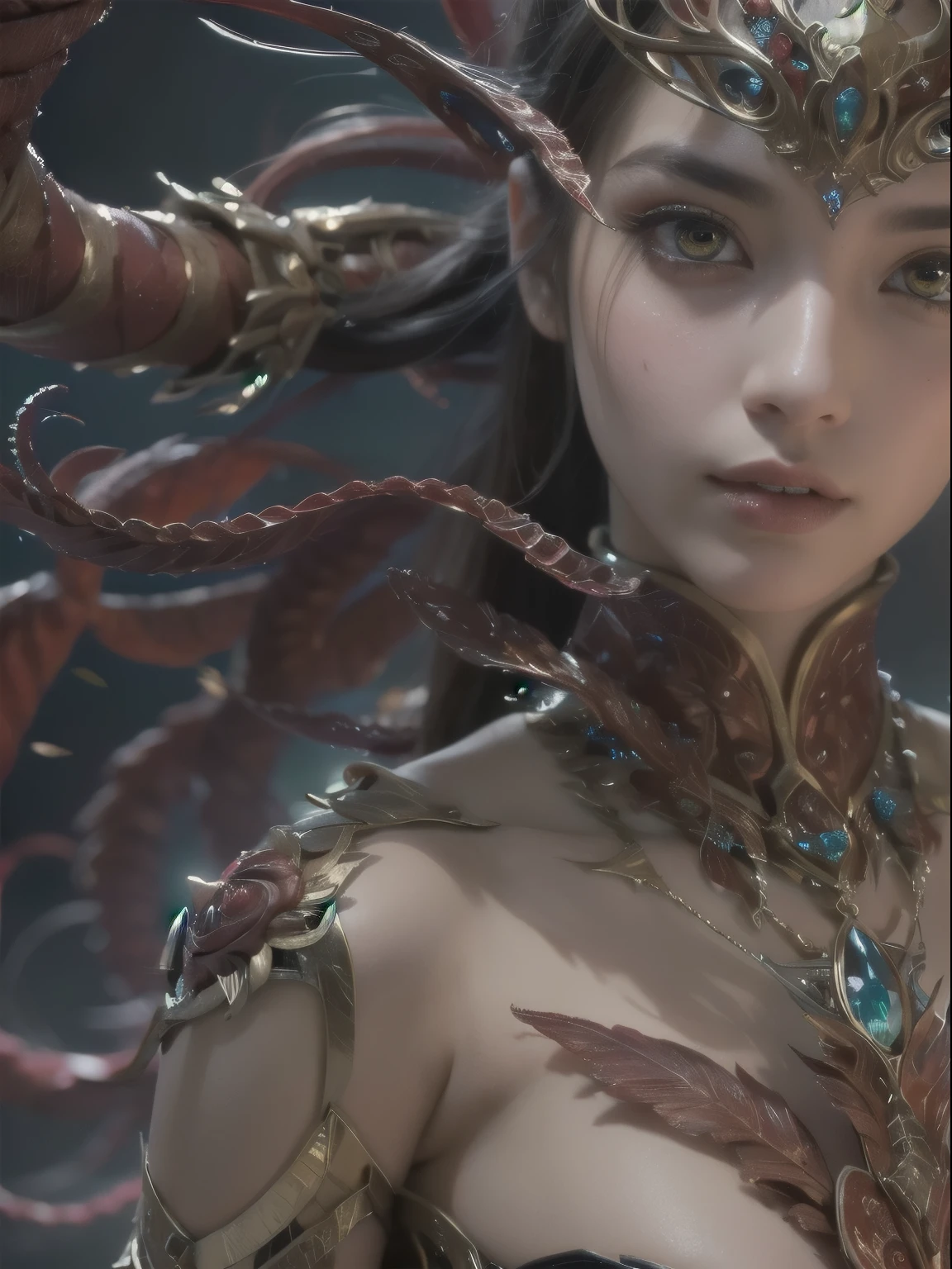 女alien, pretty face, lure, red eyes, full body portrait, a sexy, alien, no humans, an alien, cells are fused, Multiple hands, Many blue tentacle skins:1.5), alien, cell, creature image, charming, 最好的quality, 8K,,4K_quality, High_definition,dramatic lighting, on the table:1.5,cinematic quality, details, intricate details:1.2, 超A High resolution, High definition, loyally, (thick eyebrows:1.2), (big scarlet eyes:1.6), beautiful eyes,exquisite symmetry, (Super detailed eyes:1.2),(The face and eyes are very detailed:1.2), (High resolution red eye:1.4), intimate face, (Super fine skin texture:1.4), perfect anatomy, (Beautiful and fit body:1.5), (hydrated skin:1.2), No makeup, (dark circles:1.1),