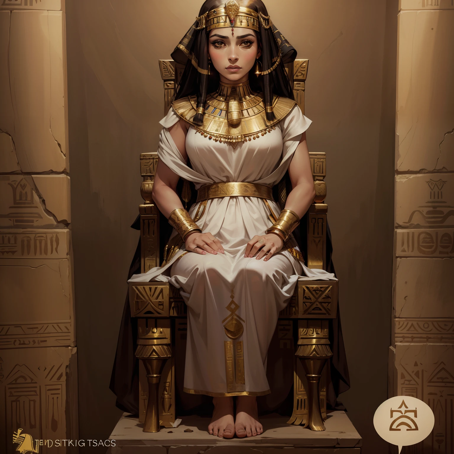 Realistic woman in a white dress sitting on a throne with gold decorations, egyptian clothes, black emma watson as egyptian, egyptian clothing, egyptian princess, egyptian style, wearing an egyptian crown, pharaoh clothes, egyptian, cleopatra, beautiful cleopatra, goddess queen, kemetic, cleopatra portrait, egyptian setting, pharaoh, white and gold priestess robes