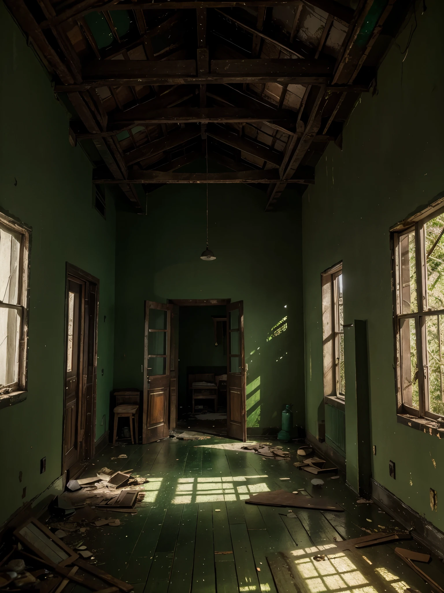 Abandoned, Green, Realistic, masterpiece, highly detailed, cozy atmosphere, natural lighting,, well detailed (vibrant colors), dark house