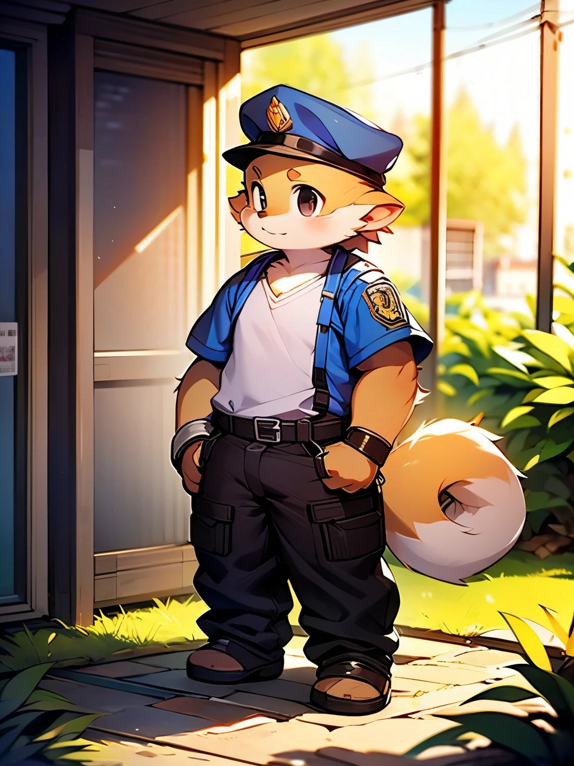 a picture，alone，strong，warrior，police officer，male，red dragon，police uniform，brown work pants，headband，Bandages around the wrists，Metal shin guards，black eyes，black belt，（one piece）Plush tail，Plush paw，confident expression，Determined gaze，bright and lively eyes（A masterpiece）（high quality）（clear structure）（Extremely detailed background）（extremelydetailedcharacter），whole body，stand