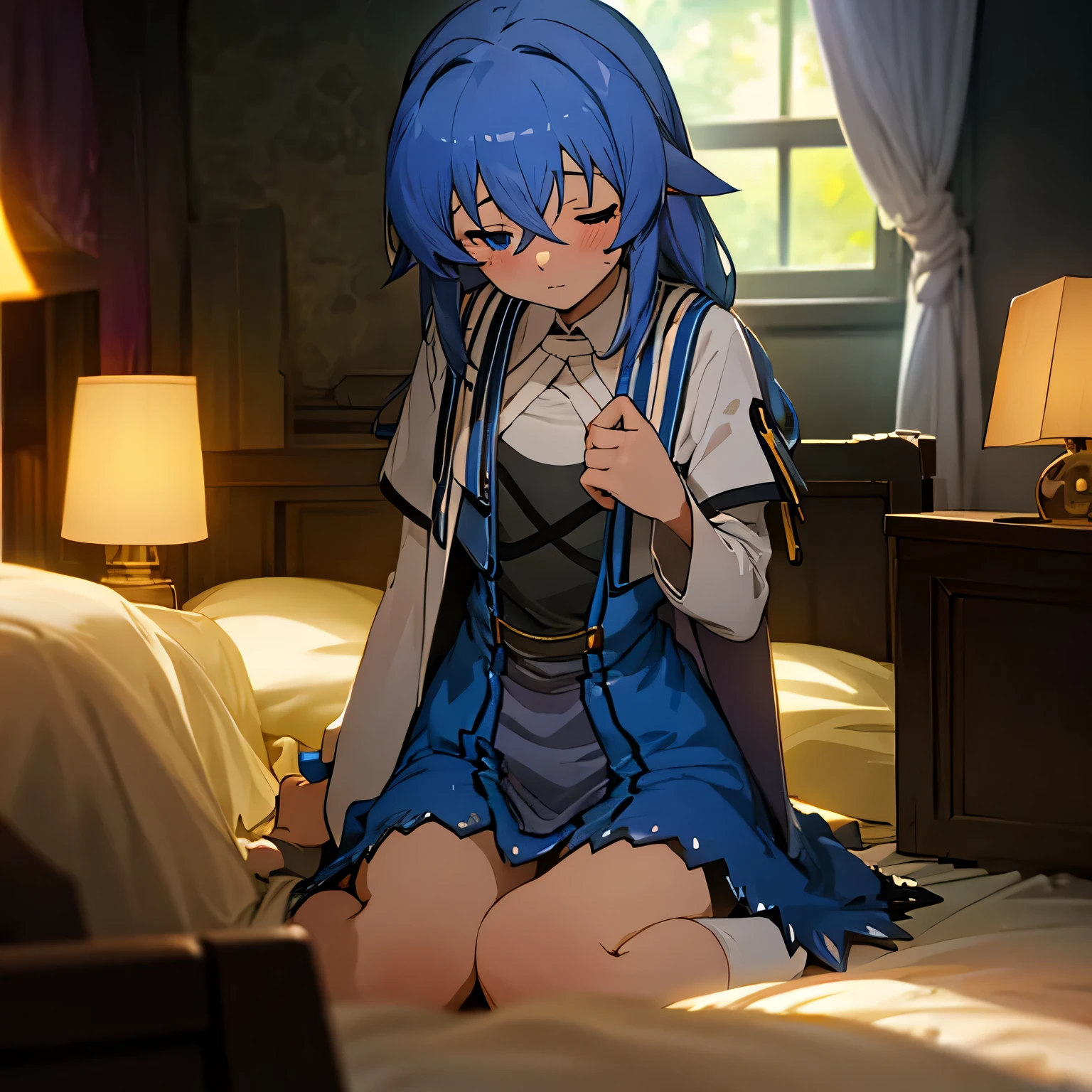 Migurdia Roxy , Jobless Reincarnation \(series\), Mushoku Tensei, anime art style, masterpiece, looking at viewer, upper body, Nervous, clenched hands, 1girl, solo, long hair, breasts, closed mouth, eyes visible through hair, floating hair, foreshortening, blue eyes, hair intakes, parted bangs, blue hair, small breasts, v-shaped eyebrows, detailed background, bedroom, blushing, looking at viewer, open eyes, looking, Exquisite illustrations，A homely room，A girl with short blue hair comfortably on a large bed and awake quietly with her eyes open, There is nothing on the body, The girl has a plump figure，Dressed in a translucent lace pajamas，The blue chest is faintly visible，A lamp on the bedside table next to the bed is glowing softly and warmly，It was raining outside, The window next to the bed was dripping with water droplets