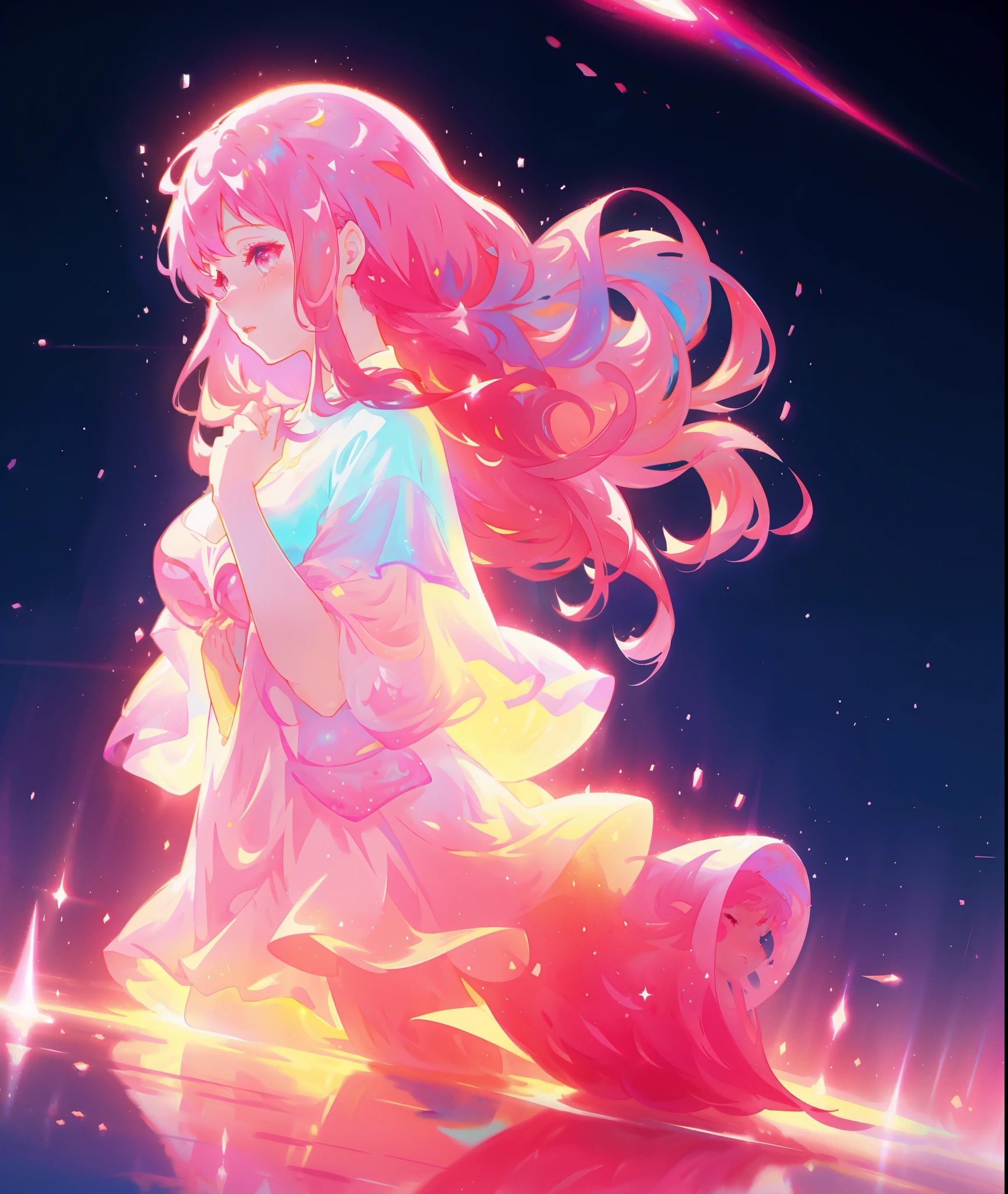 beautiful girl in sparkling flowing gradient layered liquid dress, long flowing dark pink hair, colorful fantasia background, watercolor illustration, disney art style, glowing aura around her, glowing lights, beautiful digital illustration, beautiful, masterpiece, best quality, anime disney style