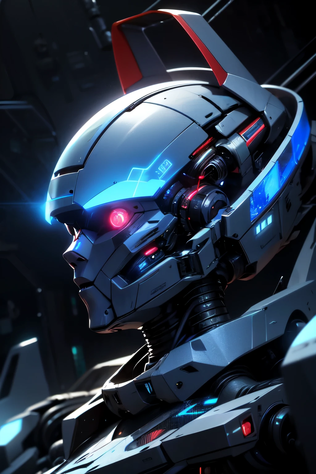 A futuristic side portrait of a humanoid robot. The robot's body is made of translucent materials,and its internal structure is clearly visible,including circuit boards and light-emitting elements. The robot has soft facial features with feminine features,including long hair and breasts. The robot's head and neck are structurally complex,with many connecting points and lines,suggesting its precise construction and possible versatility. High-tech and futuristic living concepts,cold and mechanical beauty,bioluminescence,fiber optics,masterpieces,octane rendering,unreal engine ral-watrho