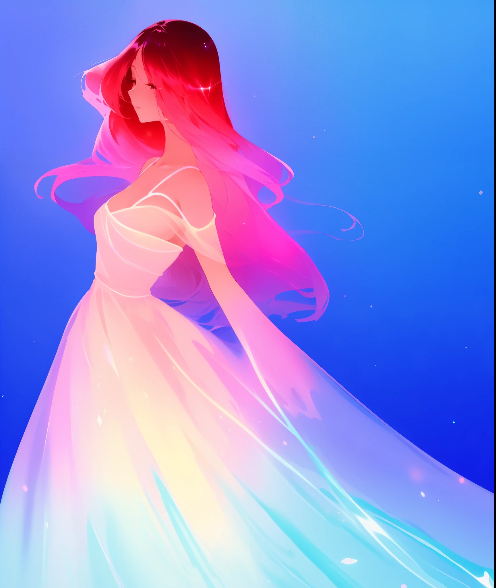 watercolor illustration, masterpiece, beautiful girl in sparkling flowing gradient layered liquid ballgown, long flowing dark pink hair, colorful fantasia background, disney art style, glowing aura around her, glowing lights, beautiful digital illustration, beautiful, masterpiece, best quality, anime disney style
