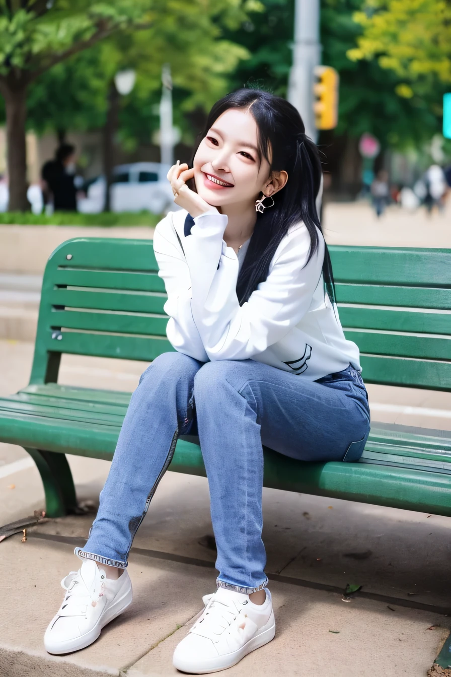 ((highest quality)), A neat and beautiful woman sitting on a park bench、long sleeve blouse、skinny denim、sneakers、black hair、ear piercing、smile、smile showing teeth、full body photo
