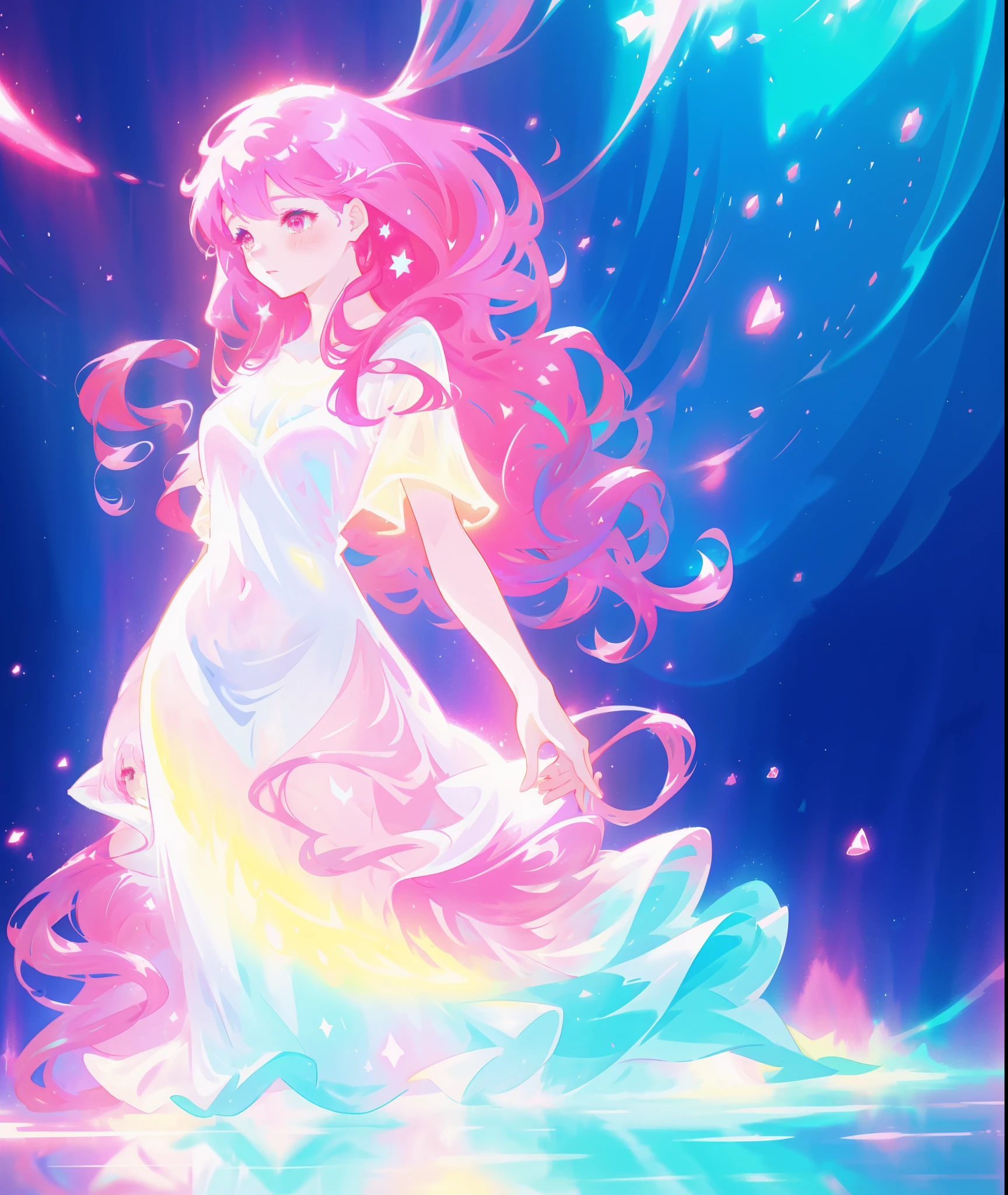 beautiful girl in sparkling flowing gradient layered liquid dress, long flowing dark pink hair, colorful fantasia background, watercolor illustration, disney art style, glowing aura around her, glowing lights, beautiful digital illustration, beautiful, masterpiece, best quality, anime disney style