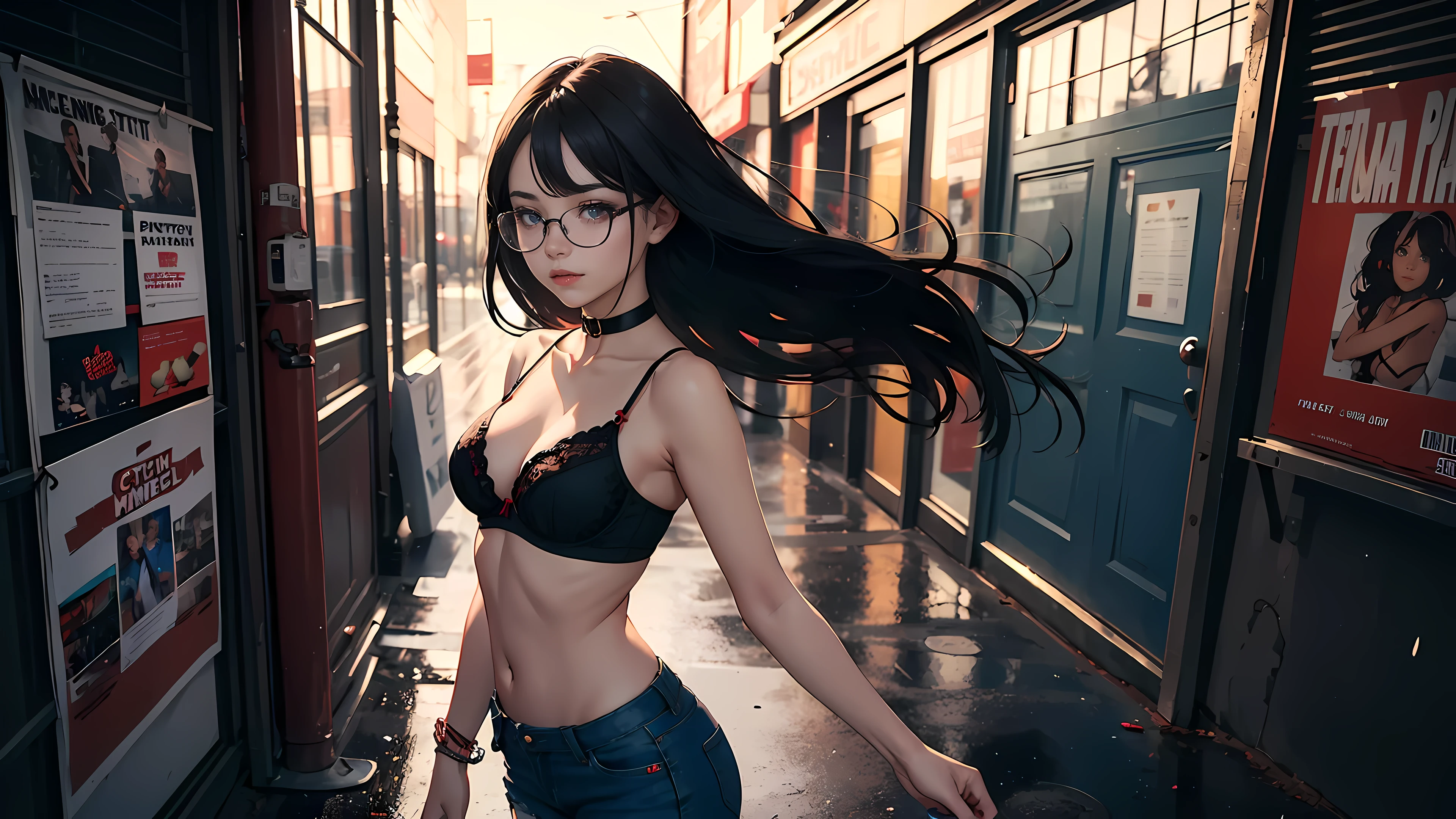 21 year old girl, long black hair, big eyes, sweet smile, small breasts, thin hips, 
glasses, choker collar, red bra, tight jean shorts,
standing, 
record store, vinyl, 
open door, open window, 
evening, nighttime, raining outside
dramatic lighting, cinematic lighting, Rembrandt lighting,
masterpiece, best quality