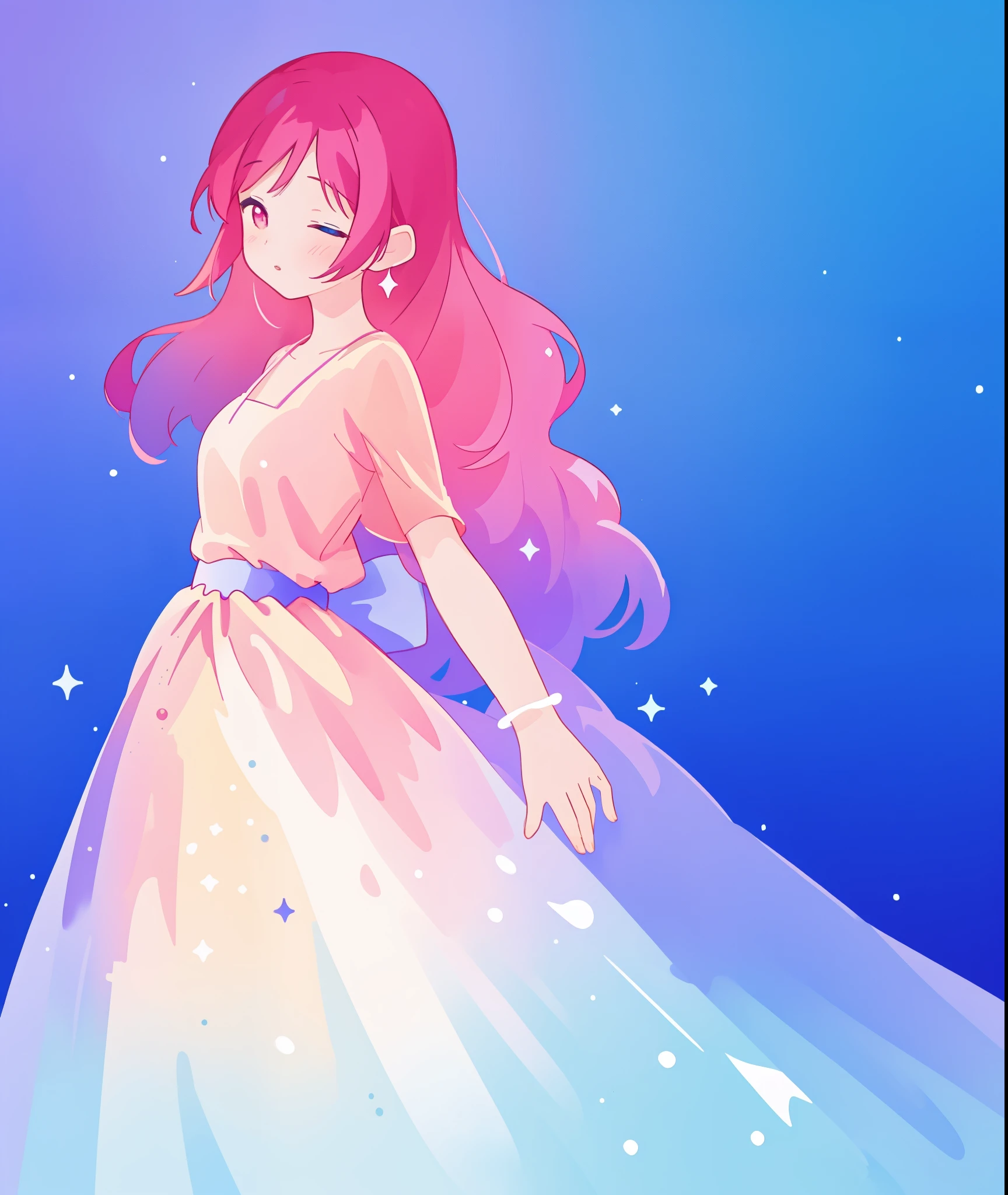 watercolor illustration, masterpiece, beautiful girl in sparkling flowing gradient layered liquid ballgown, long flowing dark pink hair, colorful fantasia background, disney art style, glowing aura around her, glowing lights, beautiful digital illustration, beautiful, masterpiece, best quality, anime disney style