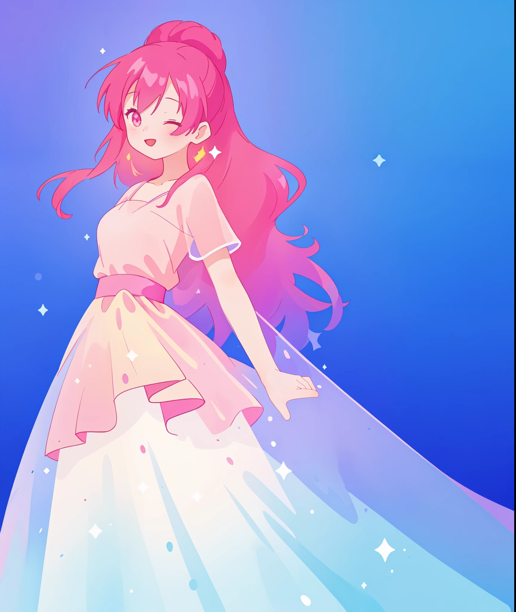 watercolor illustration, masterpiece, beautiful girl in sparkling flowing gradient layered liquid ballgown, long flowing dark pink hair, colorful fantasia background, disney art style, glowing aura around her, glowing lights, beautiful digital illustration, beautiful, masterpiece, best quality, anime disney style