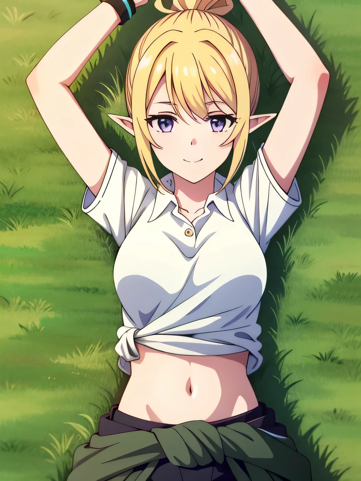 chloefes, ponytail, purple eyes, blonde hair, pointy ears, white shirt, clothes around waist, shorts, black shorts, navel, midriff, wristband, sleeves rolled up, collared shirt, solo, lying,  closed mouth, solo, spread arms, arms up, smile, lying, on back, on grass, looking at viewer, solo, in the center, upper body, high quality,