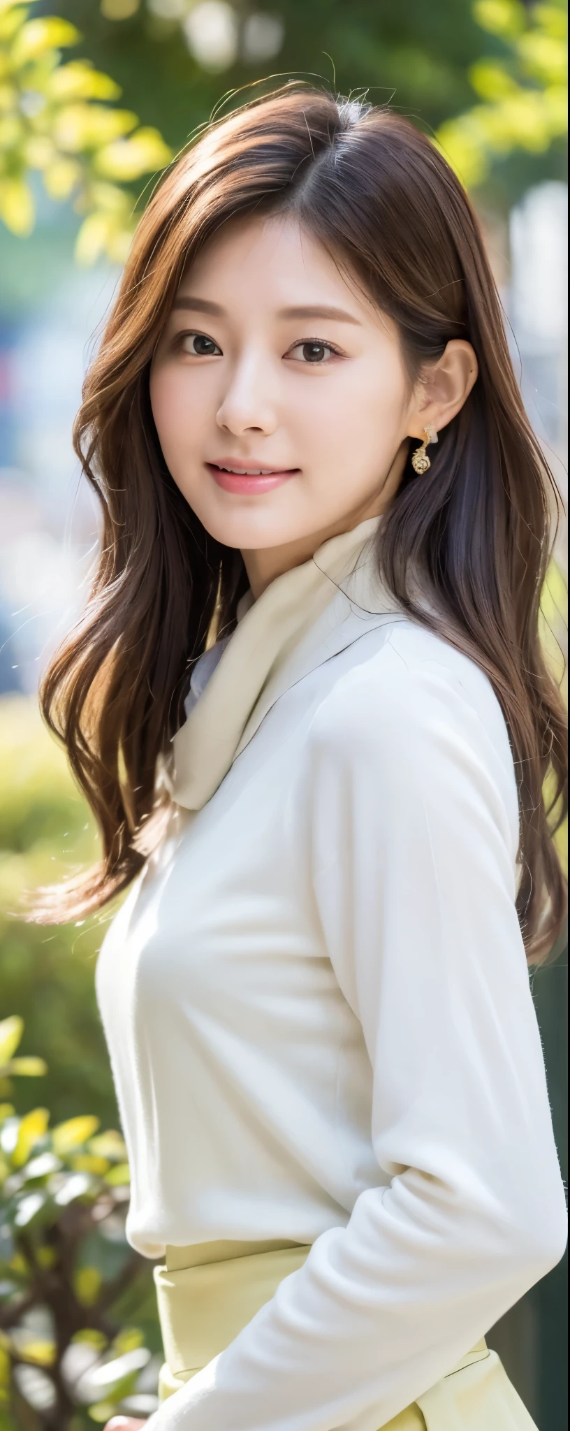 (8k, RAW photos, top quality, masterpiece: 1.2, ultra detailed, super resolution, real photos: 1.37), (Full body:1), 1 noble elegant Japanese lady, (standing contrapposte), spring season, ((pale color coodinate, spring fluffy scarf, wearing long white blouse, oversize-cargo pants, )), Shiny, Smile, Looks like 1.75 meters tall, perfect proportion, skin hyper-detail, 20 years old, Perfect face, (Detailed facial features), Wavy hair, Daylight, spring season, Omotesando,