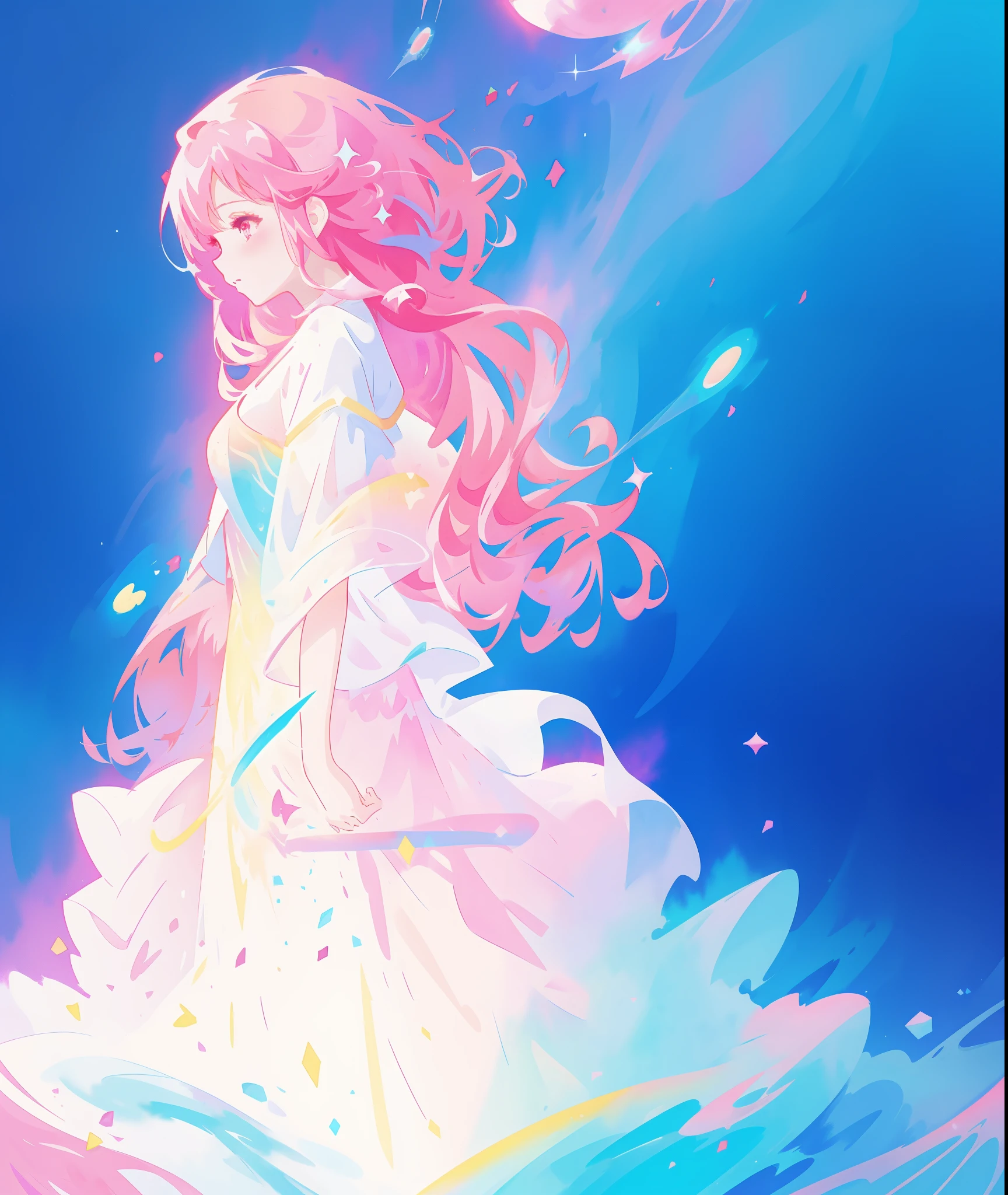 beautiful girl in sparkling flowing gradient layered liquid dress, long flowing dark pink hair, colorful fantasia background, watercolor illustration, disney art style, glowing aura around her, glowing lights, beautiful digital illustration, beautiful, masterpiece, best quality, anime disney style