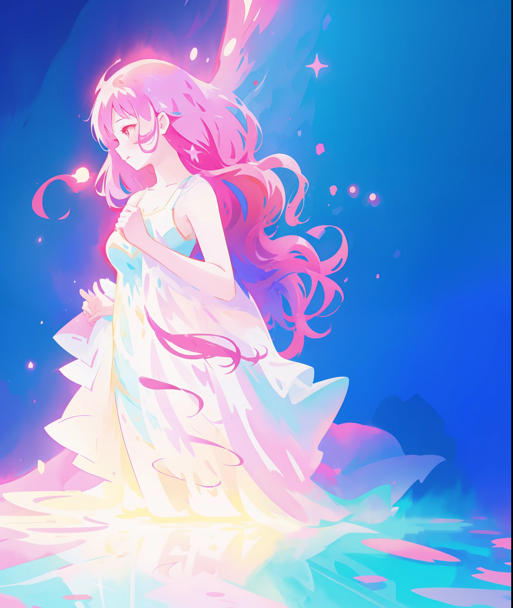 beautiful girl in sparkling flowing gradient layered liquid dress, long flowing dark pink hair, colorful fantasia background, watercolor illustration, disney art style, glowing aura around her, glowing lights, beautiful digital illustration, beautiful, masterpiece, best quality, anime disney style