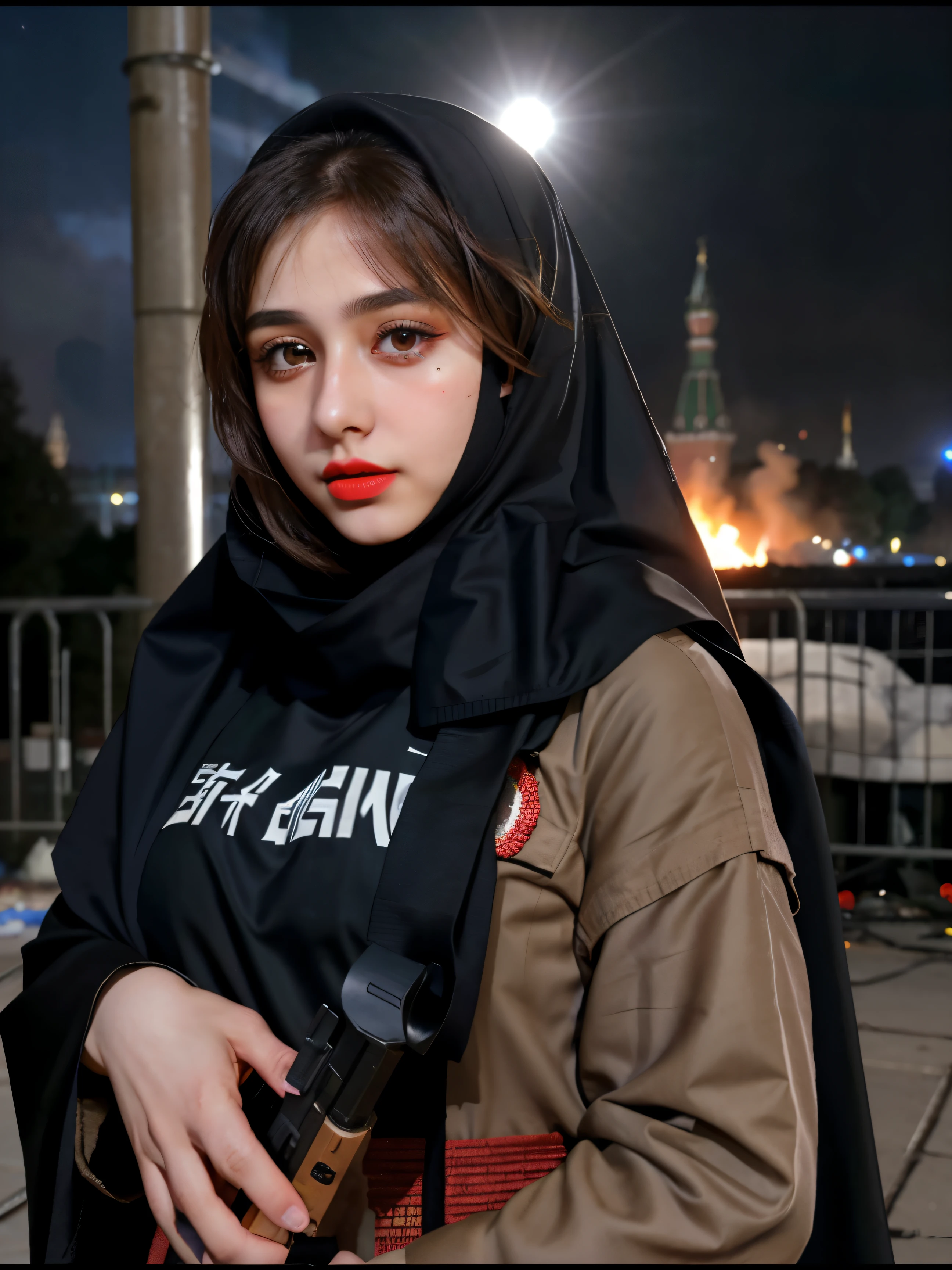 (photograph)cute girl of terrorist organization'A group of Islamic extremists wearing chadors raise machine gunassive fire breaks out at concert venue in Moscow、、Moonlight night、A dignified appearance、red lips